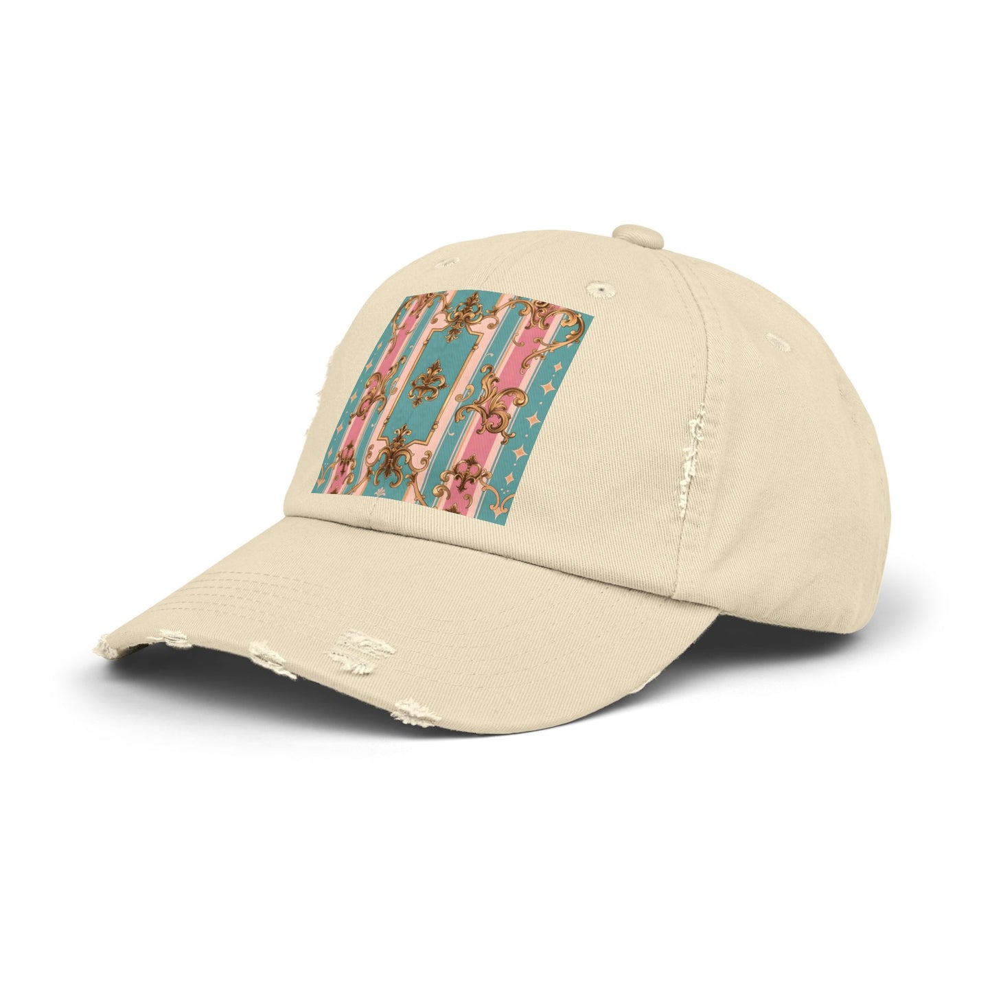 Stylish Unisex Distressed Cap with Floral Pattern, Casual Hat, Trendy Headwear, Summer Accessory - Pink & Matte Turquoise Striped Rococo