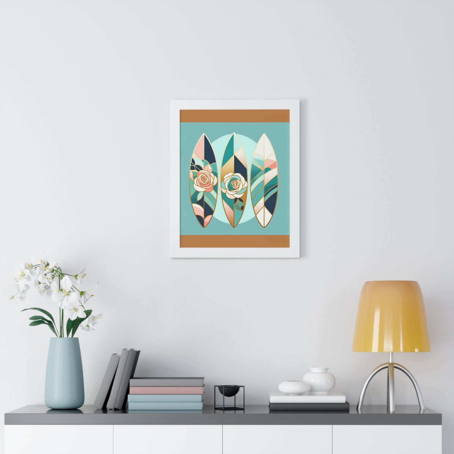 Vertical Poster - Blue, Pink & Aqua Surfboard & Roses Wall Art