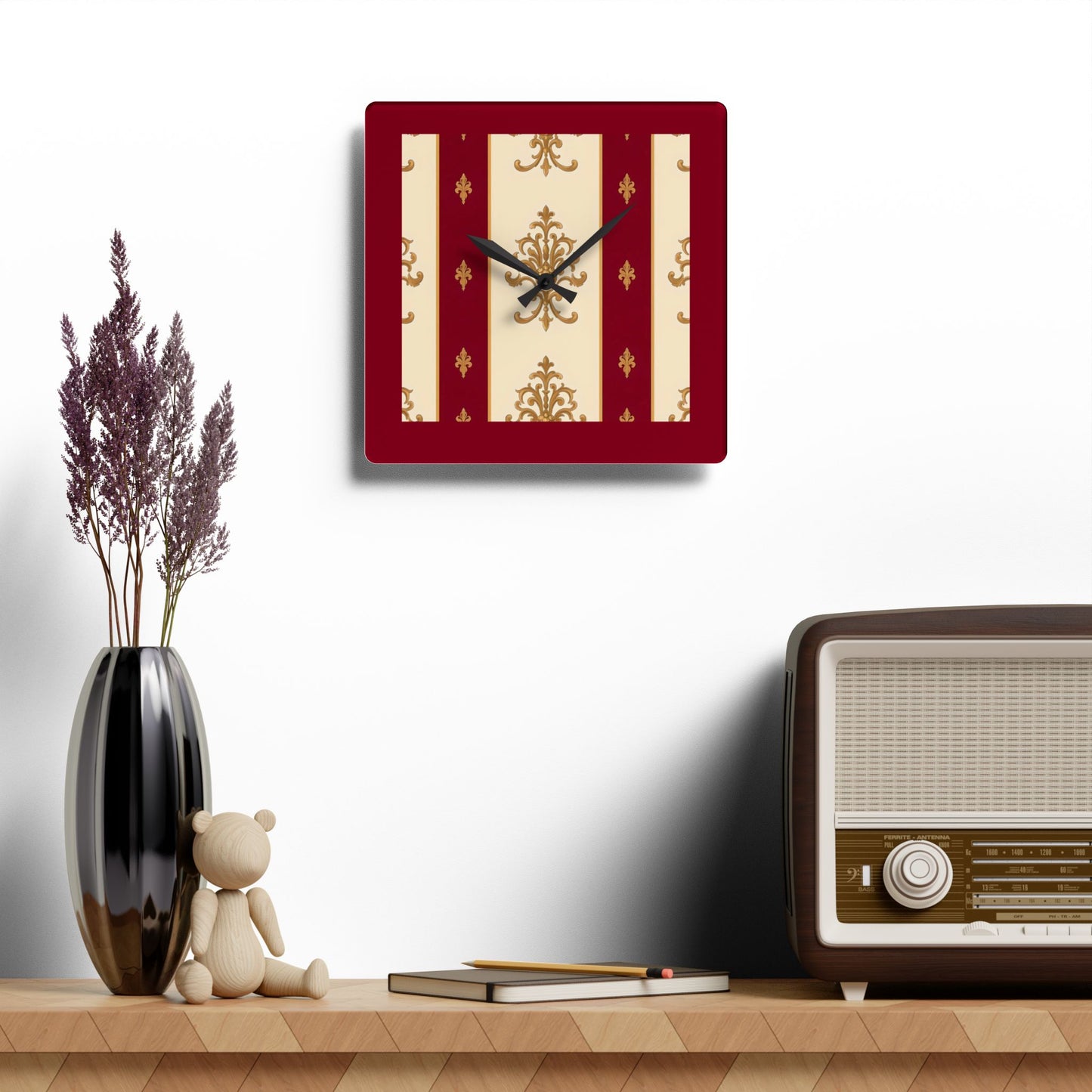 Bohemian Damask-Inspired Acrylic Wall Clock with Floral Design - Dusk Red Striped Gold Damask