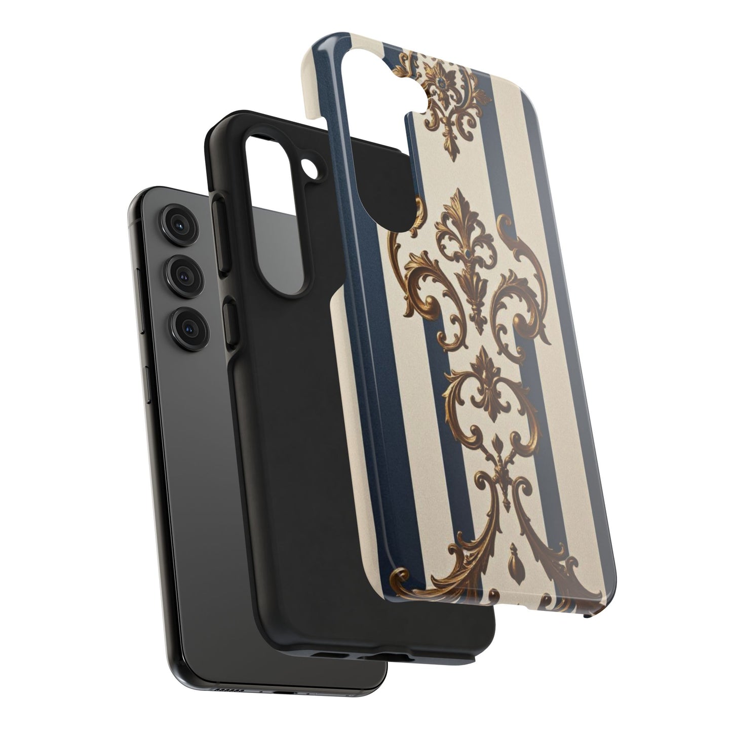 Damask Tough Phone Case - Alabaster & Blue Striped Damask