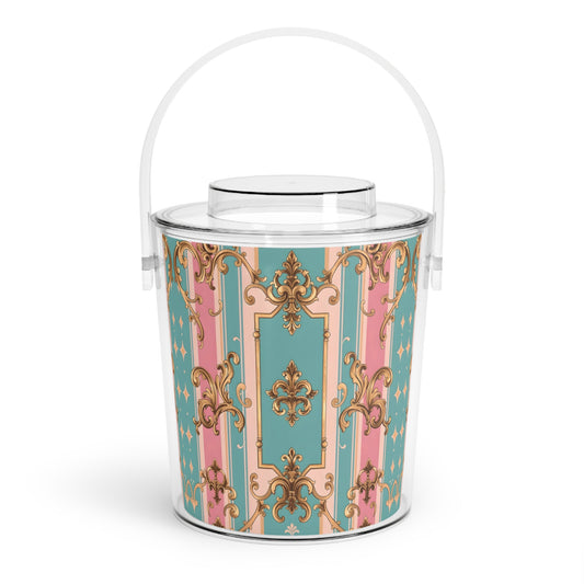 Chic Decorative Ice Bucket with Tongs, Elegant Party Cooler, Summer Beverage Chiller - Pink & Matte Turquoise Striped Rococo