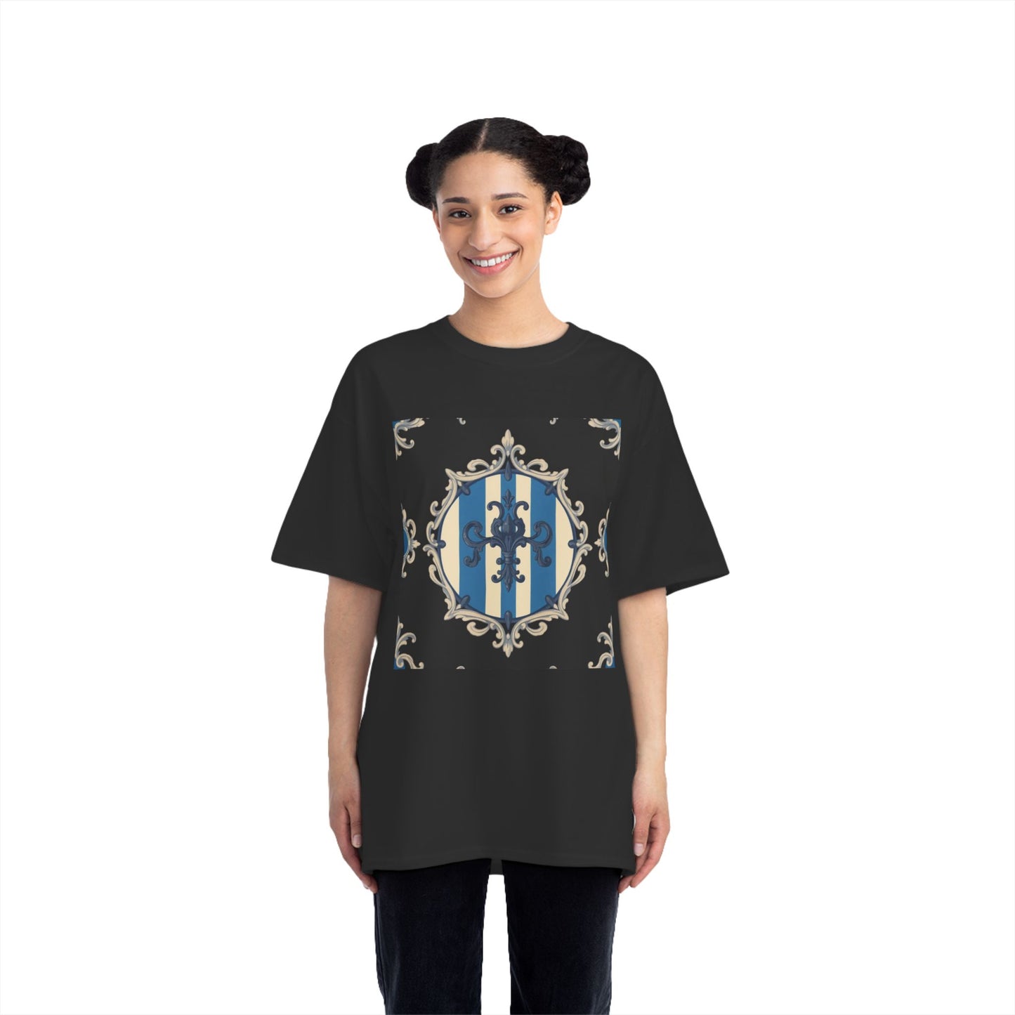 Elegant Blue & Alabaster Striped Baroque Short-Sleeve T-Shirt | Vintage Style, Graphic Tee, Casual Wear, Unisex Gift, Unique Design