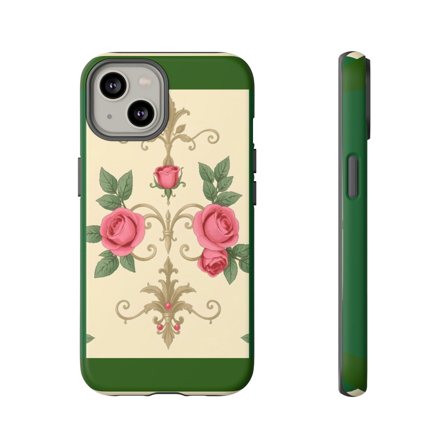 Elegant Floral Motif Phone Case - Tough Cases with Vintage Design - Green Border Roses & Damask