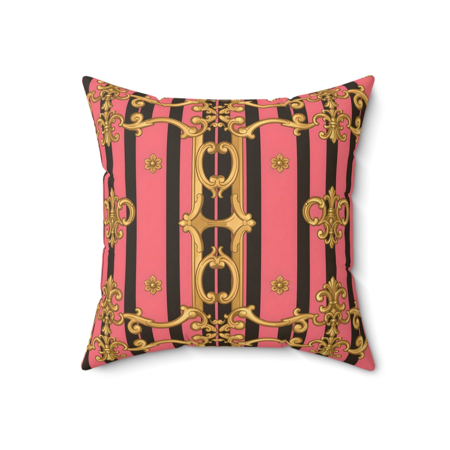 Ornate Faux Suede Pillow, Baroque Decor, Couch Cushion, Glamorous Throw Pillow - Pink & Black Striped Gold Baroque