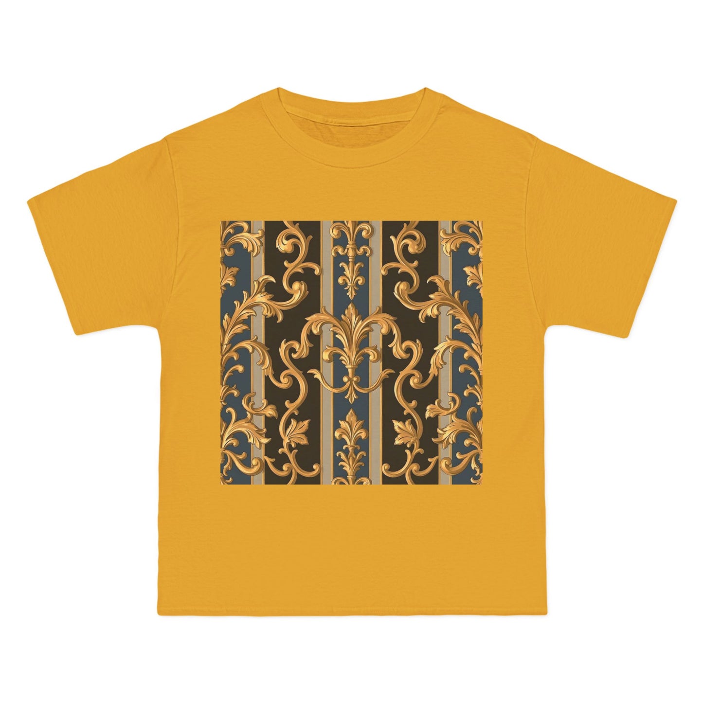 Ornate Gold Pattern Short-Sleeve T-Shirt, Stylish Casual Wear, Unique Graphic Tee - Blue & Black Striped Rococo