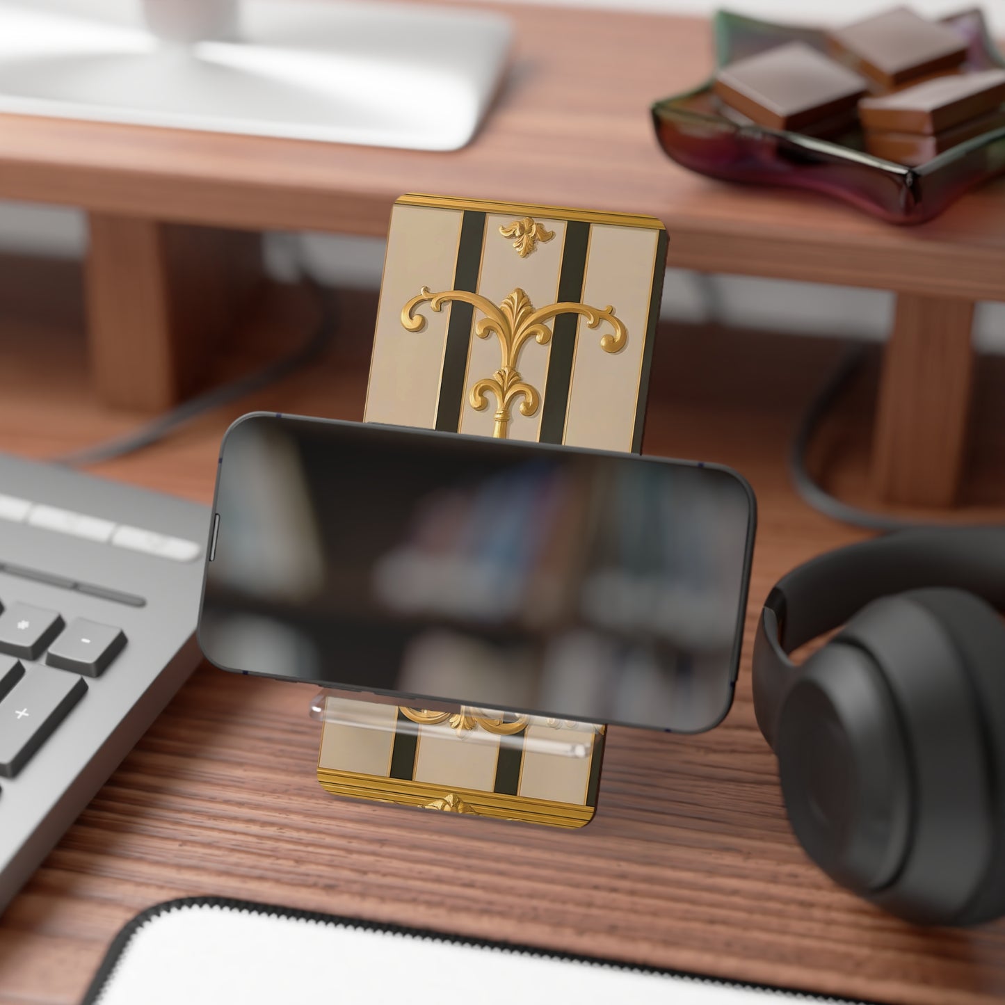 Elegant Mobile Display Stand, Phone Holder, Desk Organizer, Stylish Gadget Accessory - Beige Striped Gold Rococo