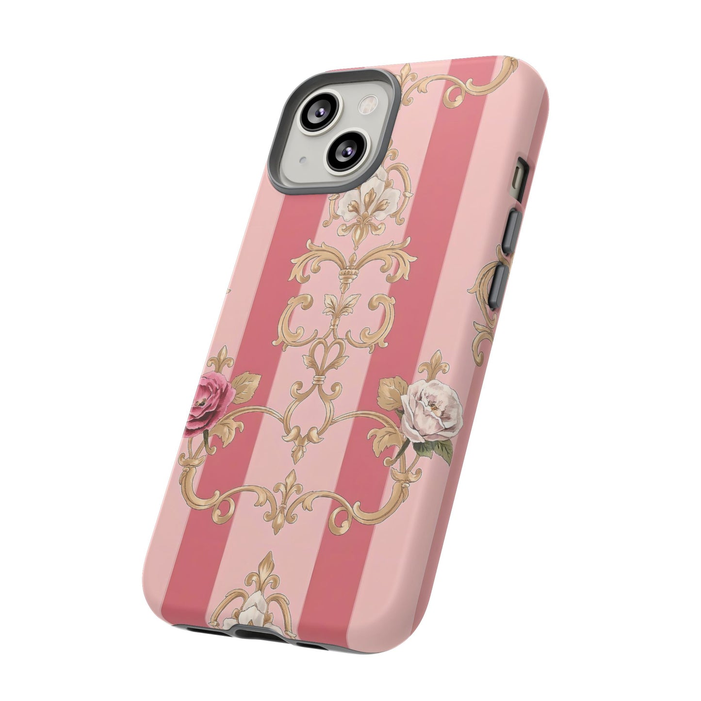Elegant Floral Motif Phone Case - Tough Cases with Vintage Design - Pink Striped Roses & Damask