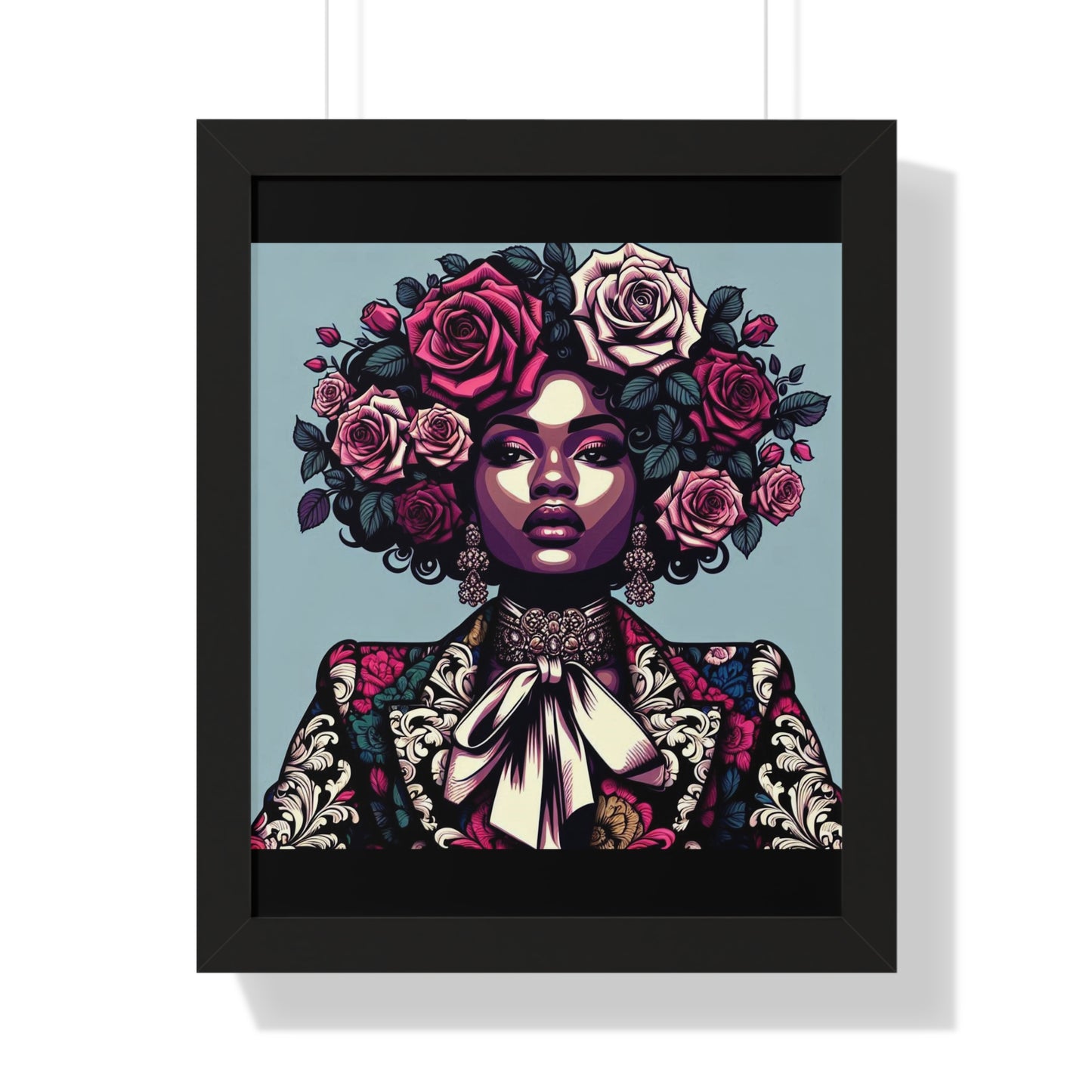 Vertical Poster -  Lady In Damask Suit & Roses Wall Art