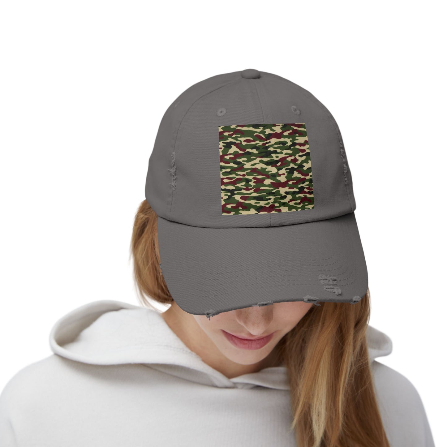 Camo Distressed Cap | Unisex Fashion Hat, Trendy Outdoor Accessory, Gift for Him/Her, Casual Wear, Sports Cap - Army Green & Burgundy Camo