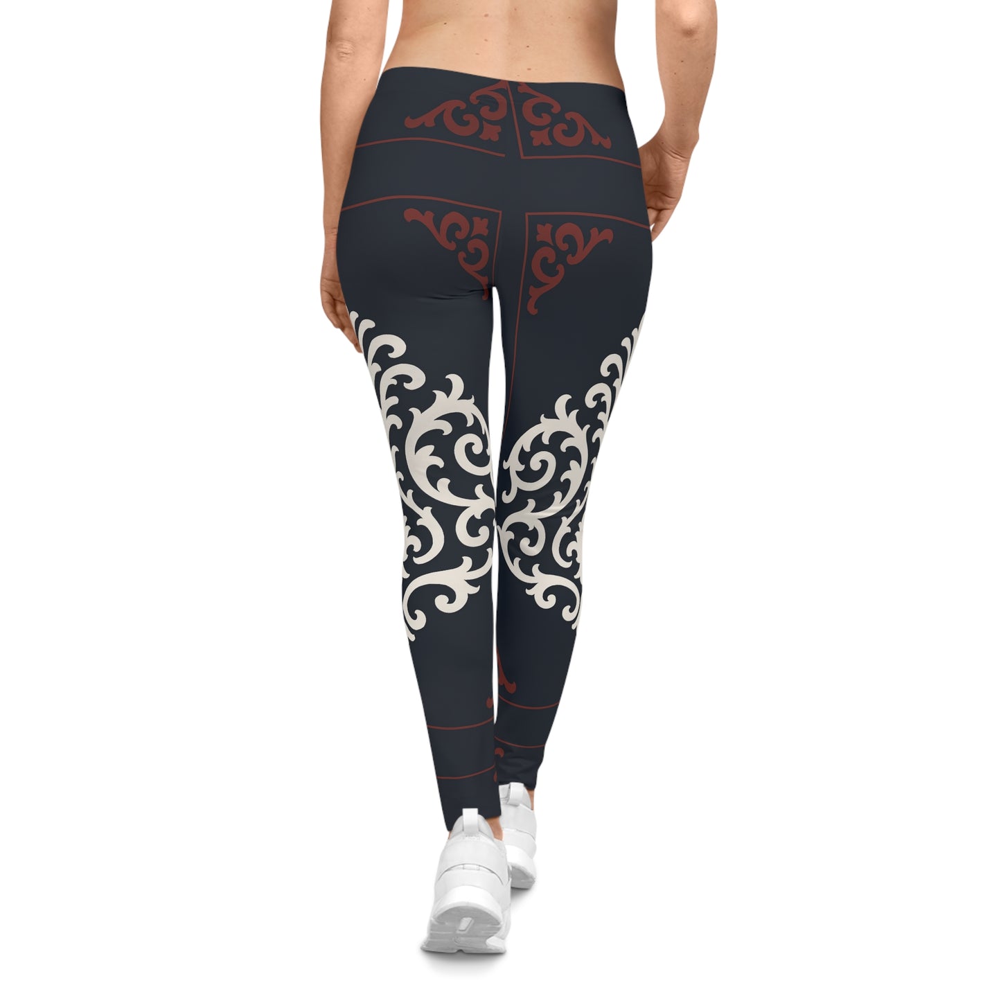 Dusk Blue & Maroon-White Baroque Print Leggings — Women's All-Over-Print Casual Leggings