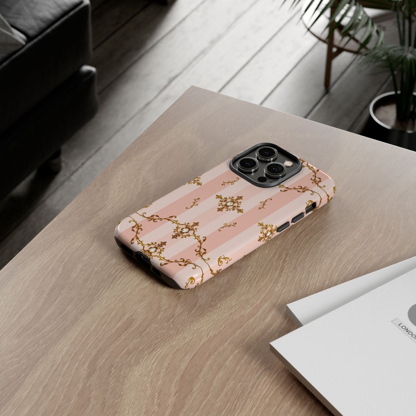 Elegant Floral Phone Case, Tough Cases for Women, Trendy Phone Cover, Chic Gift - Pink Jeweled Striped Gold Baroque