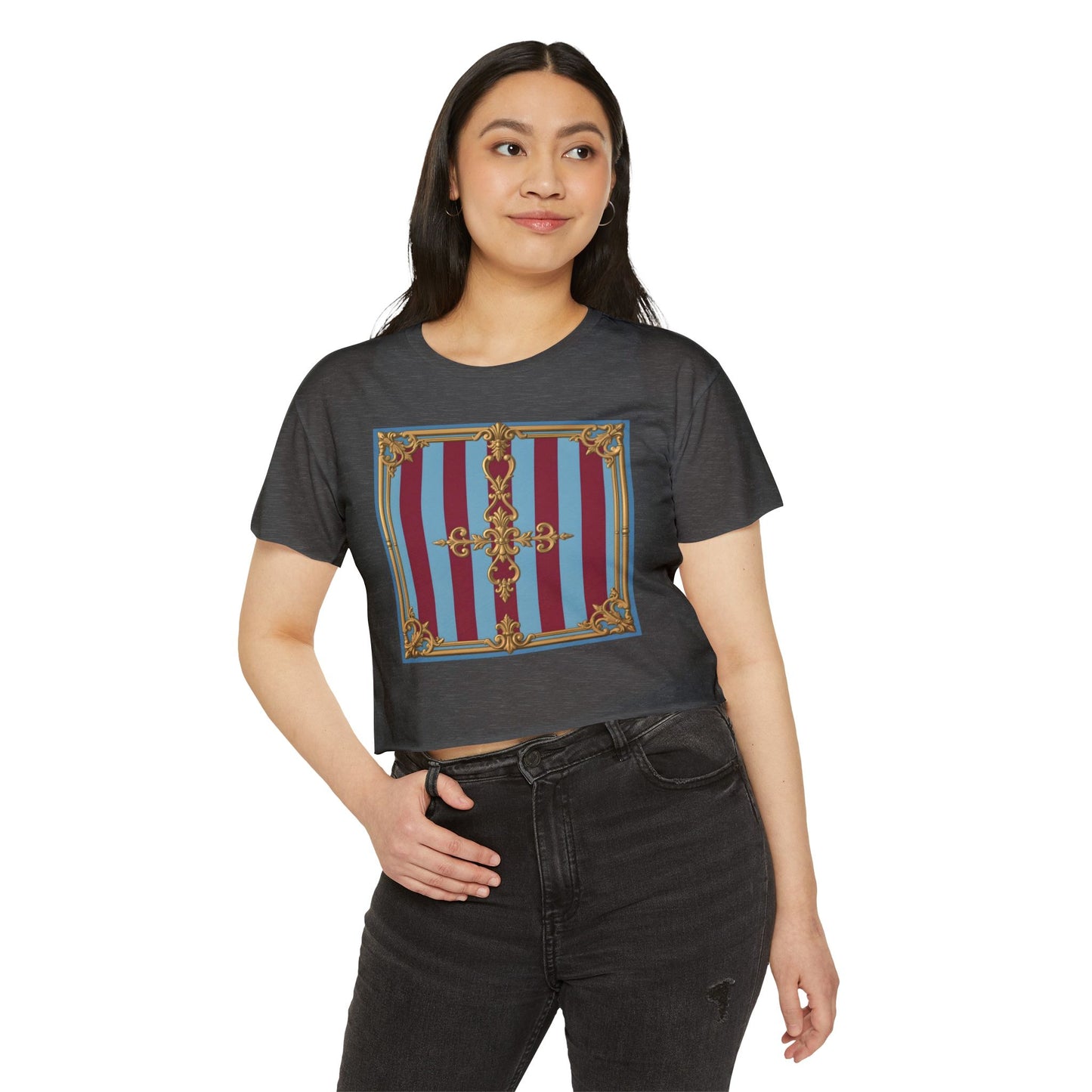 Women's Baroque Festival Crop Top, Summer Crop Tee, Casual Festival Wear, Concert Top, Eco-Friendly Fashion - Sky Blue & Maroon Striped Baroque