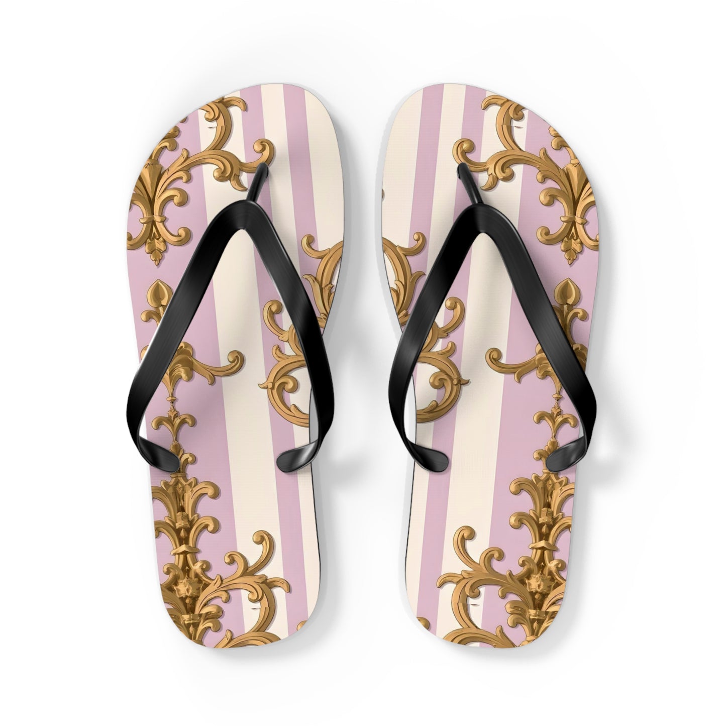 Chic Patterned Flip Flops for Stylish Summer Vibes, Beach Footwear, Vacation Sandals - Lilac & Alabaster Striped Gold Baroque