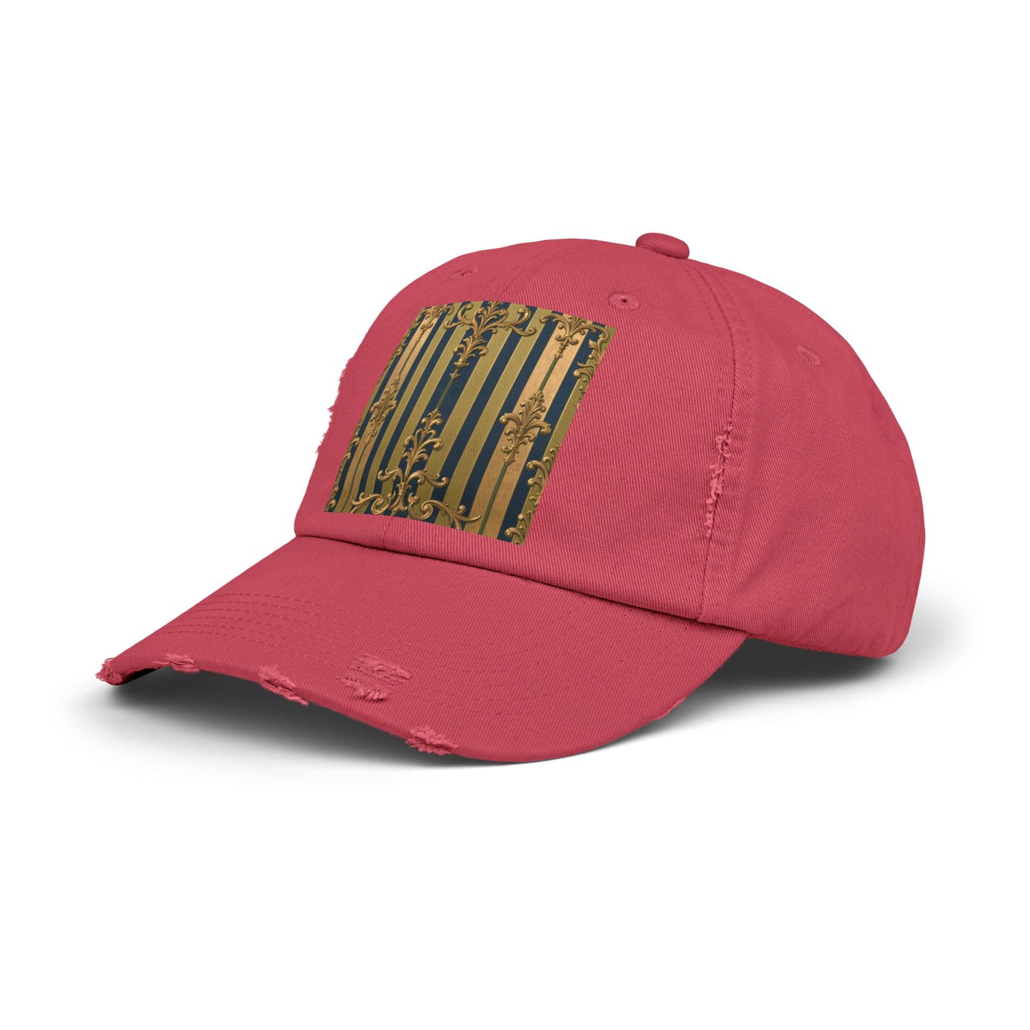 Stylish Midnight Blue & Olive Striped Gold Baroque Unisex Distressed Cap with Elegant Gold Accent, Fashionable Hat for Casual Days, Gift for Birthdays