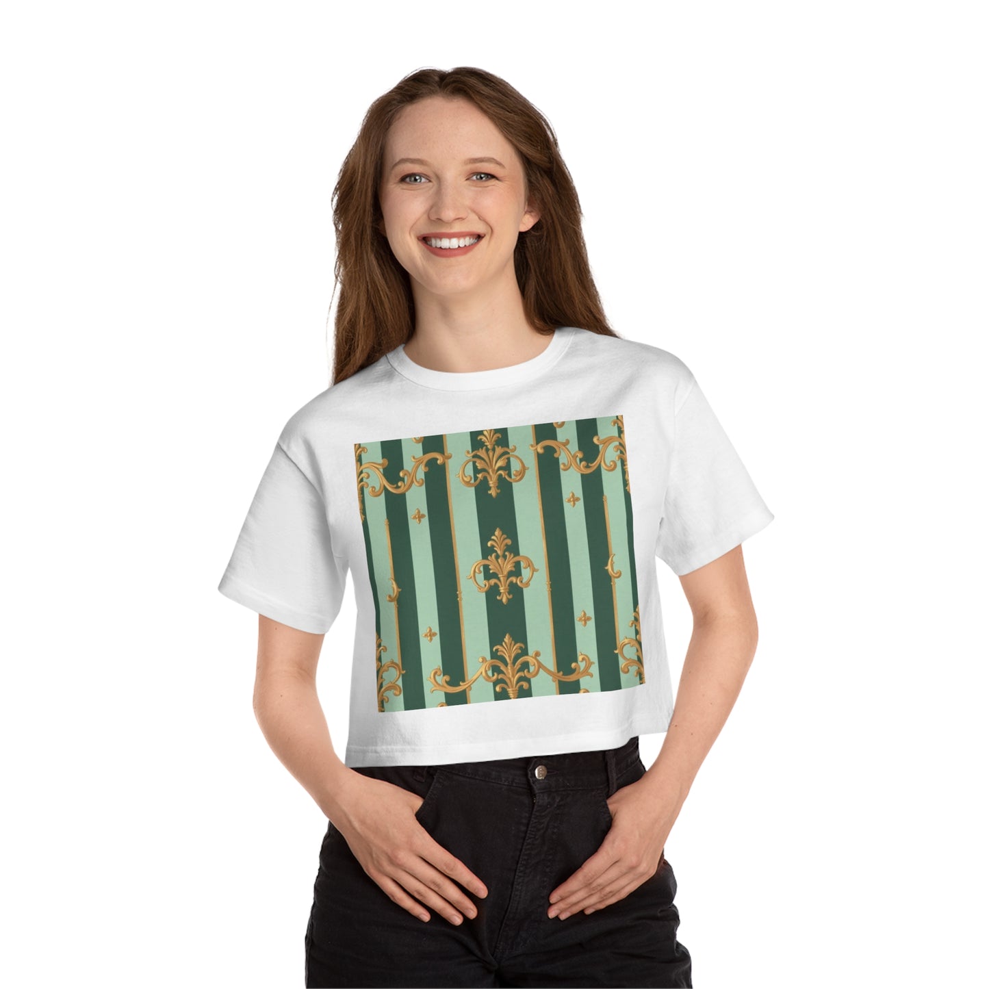 Stylish Cropped T-Shirt with Elegant Pattern, Casual Wear, Perfect for Summer Outings - Mint Green & Teal Striped Gold Baroque