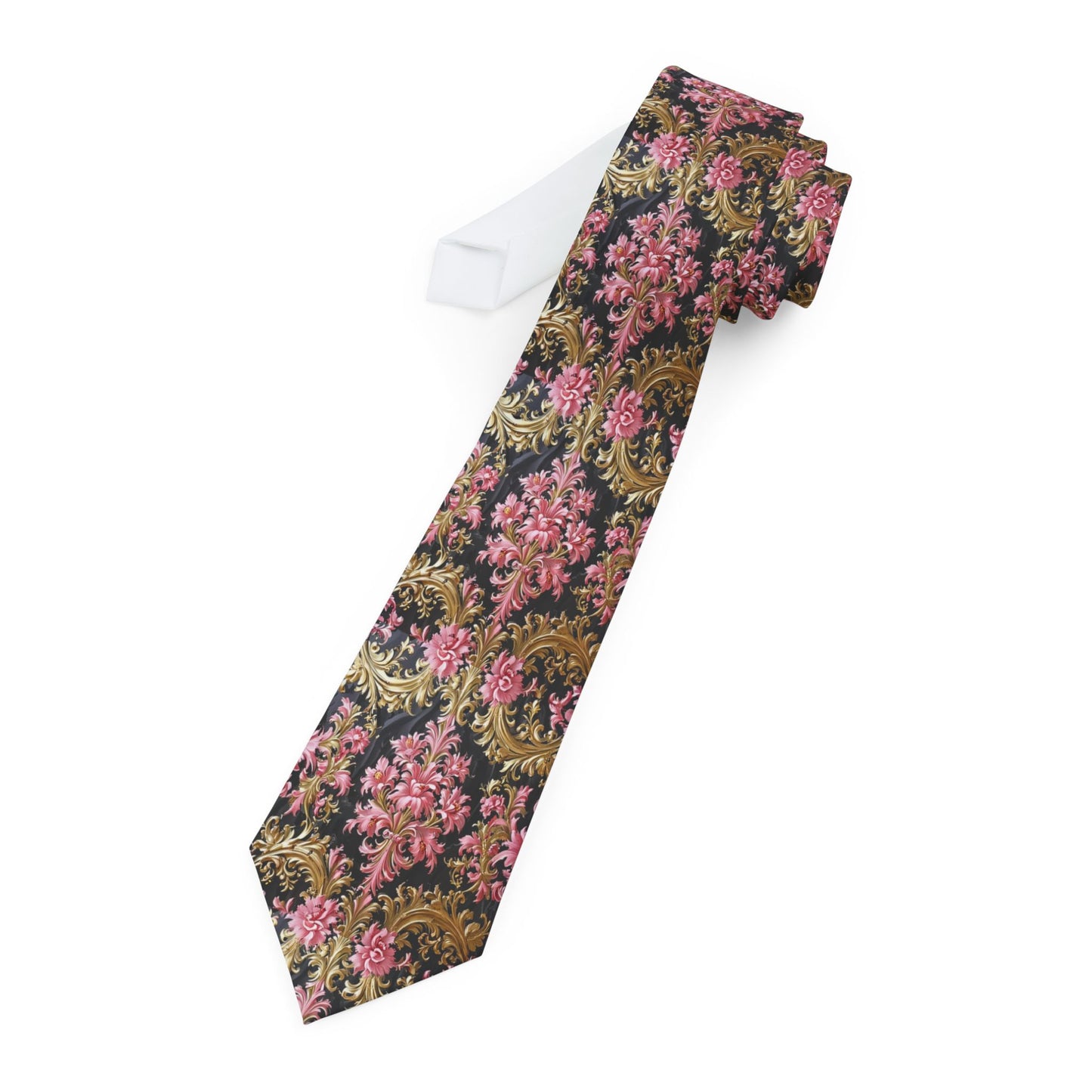 Floral Pattern Necktie, Stylish Accessory for Weddings, Parties, Business Events, Gifts for Him - Black & Pink Oil Painting Style Rococo