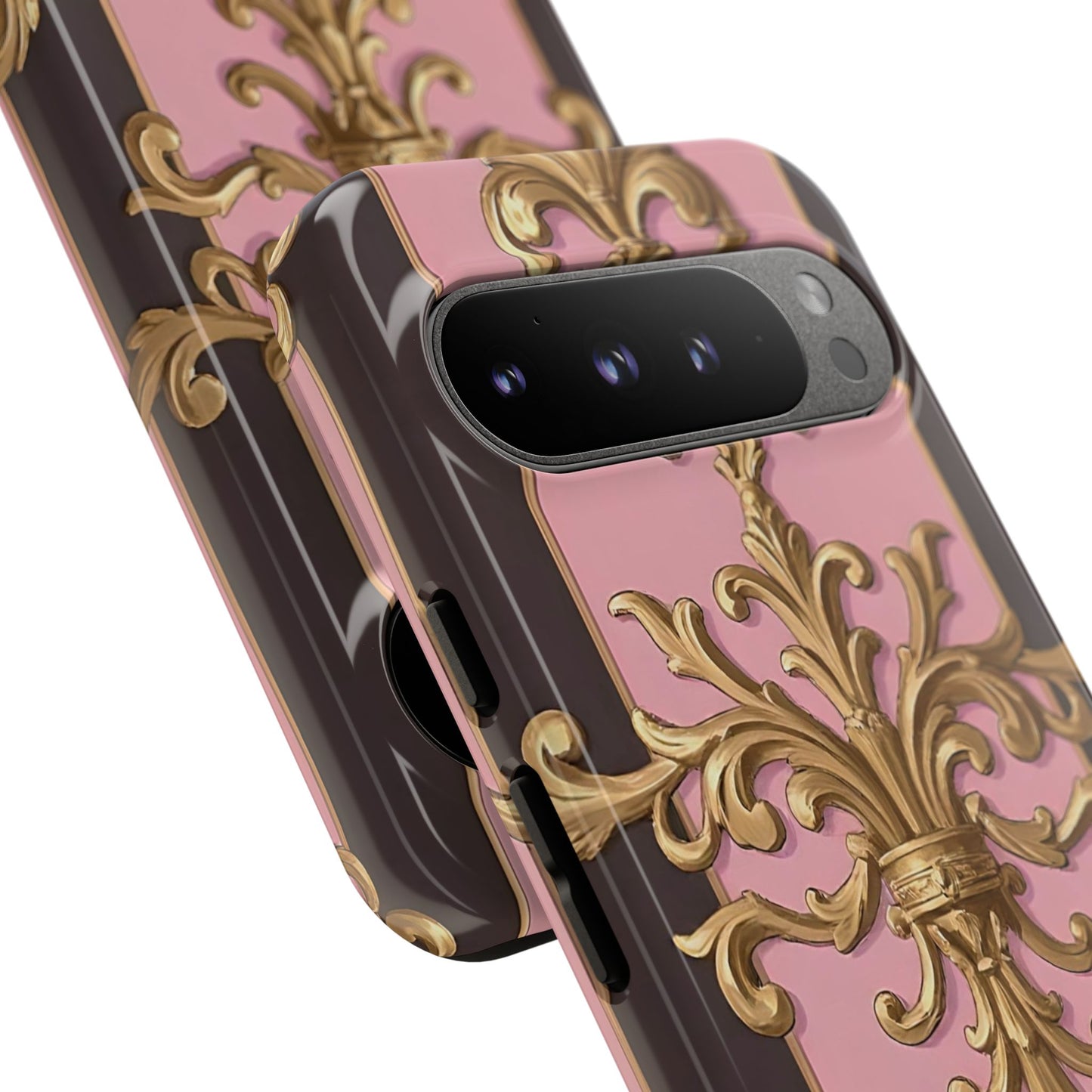 Elegant Floral Motif Phone Case - Tough Cases with Vintage Design - Pink & Brown Striped Gold Damask