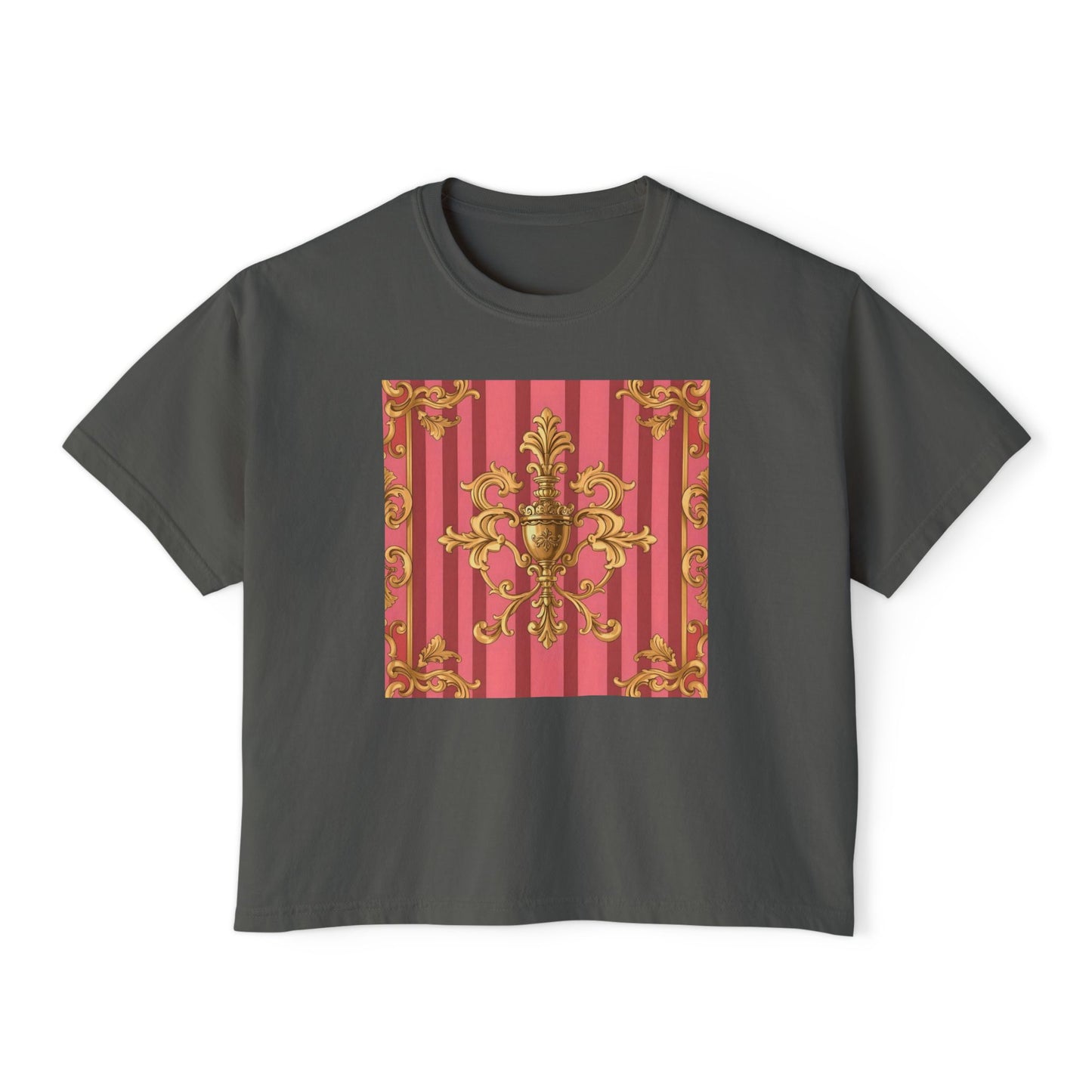 Chic Floral Boxy Tee, Trendy Women's Top, Casual Summer Fashion, Vintage Inspired Tee, Great for Festivals - Pink Striped Gold Baroque