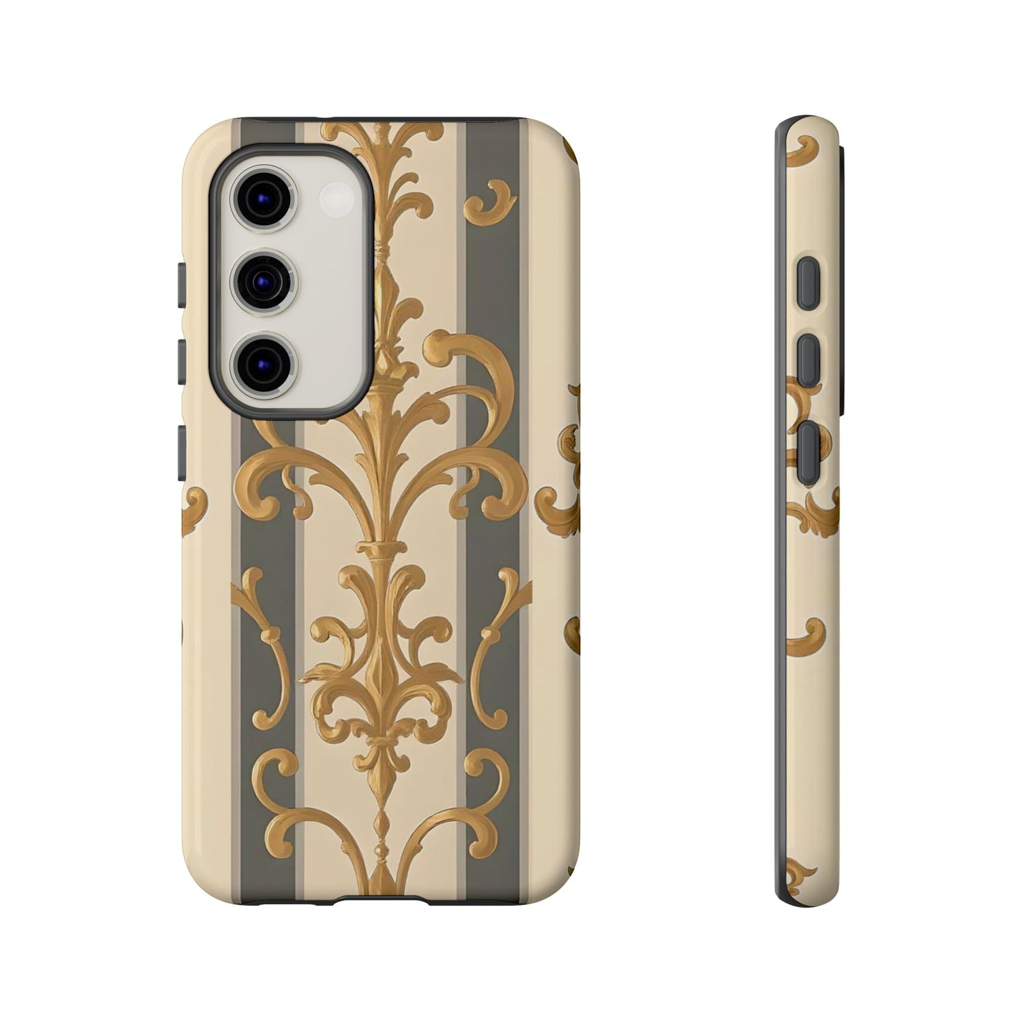 Elegant Floral Motif Phone Case - Tough Cases with Vintage Design - Dusk Olive Striped Gold Damask