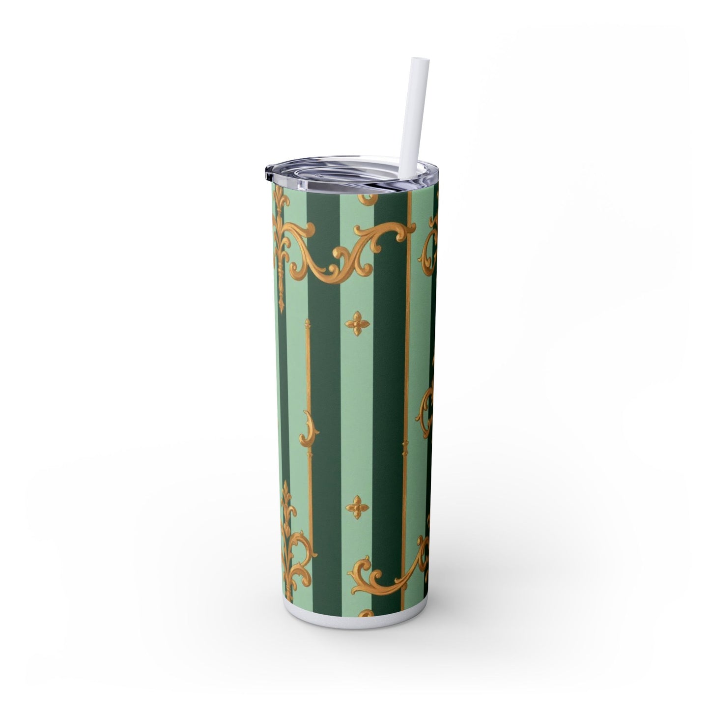 Elegant Floral Skinny Tumbler with Straw, 20oz – Stylish Travel Mug, Eco-Friendly Reusable Cup - Mint Green & Teal Striped Gold Baroque