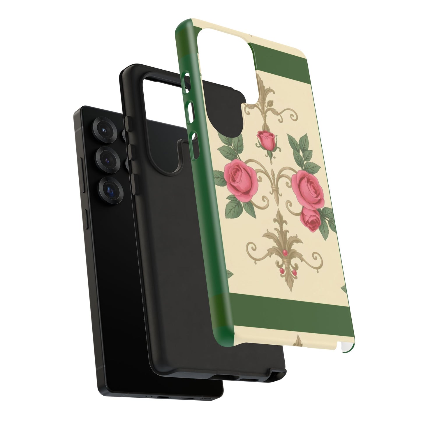 Elegant Floral Motif Phone Case - Tough Cases with Vintage Design - Green Border Roses & Damask