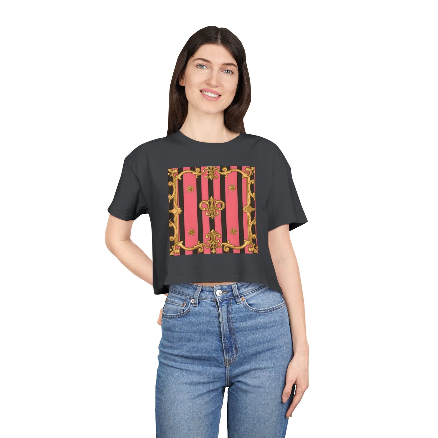 Chic Vintage-Inspired Women's Crop Tee, Stylish Summer Top, Trendy Fashion Tee, Baroque Casual Wear - Pink & Black Striped Gold Baroque