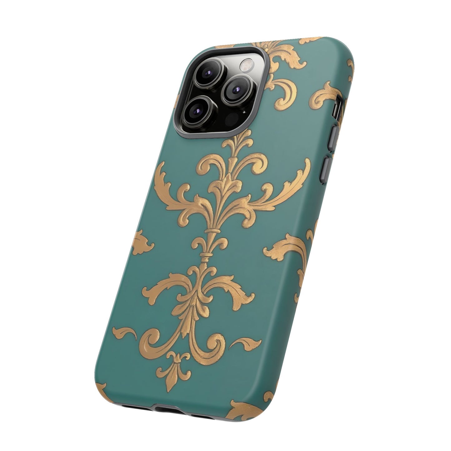 Elegant Floral Motif Phone Case - Tough Cases with Vintage Design - Aqua & Gold Damask