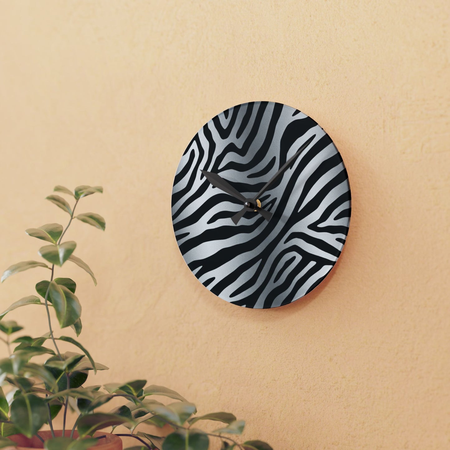 Stylish Zebra Print Acrylic Wall Clock - Modern Home Decor Accent - Silver