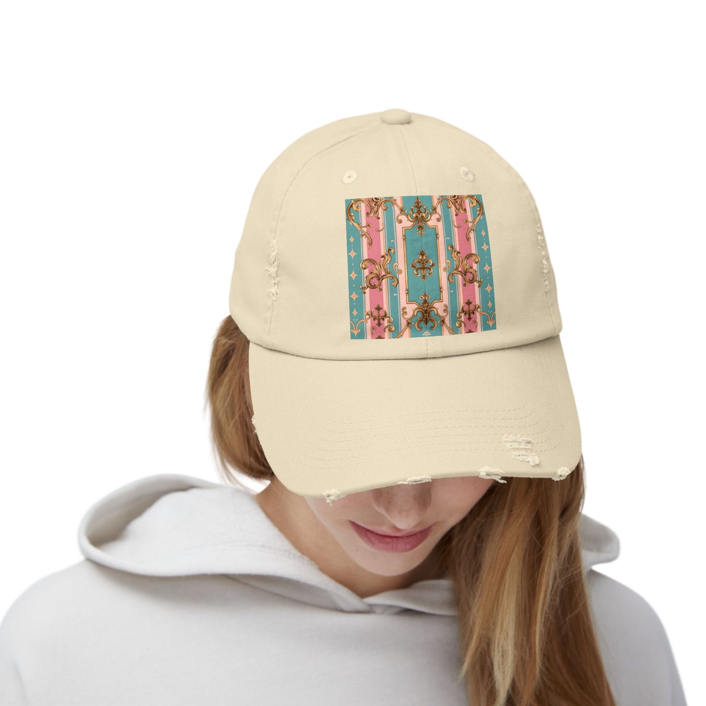 Stylish Unisex Distressed Cap with Floral Pattern, Casual Hat, Trendy Headwear, Summer Accessory - Pink & Matte Turquoise Striped Rococo