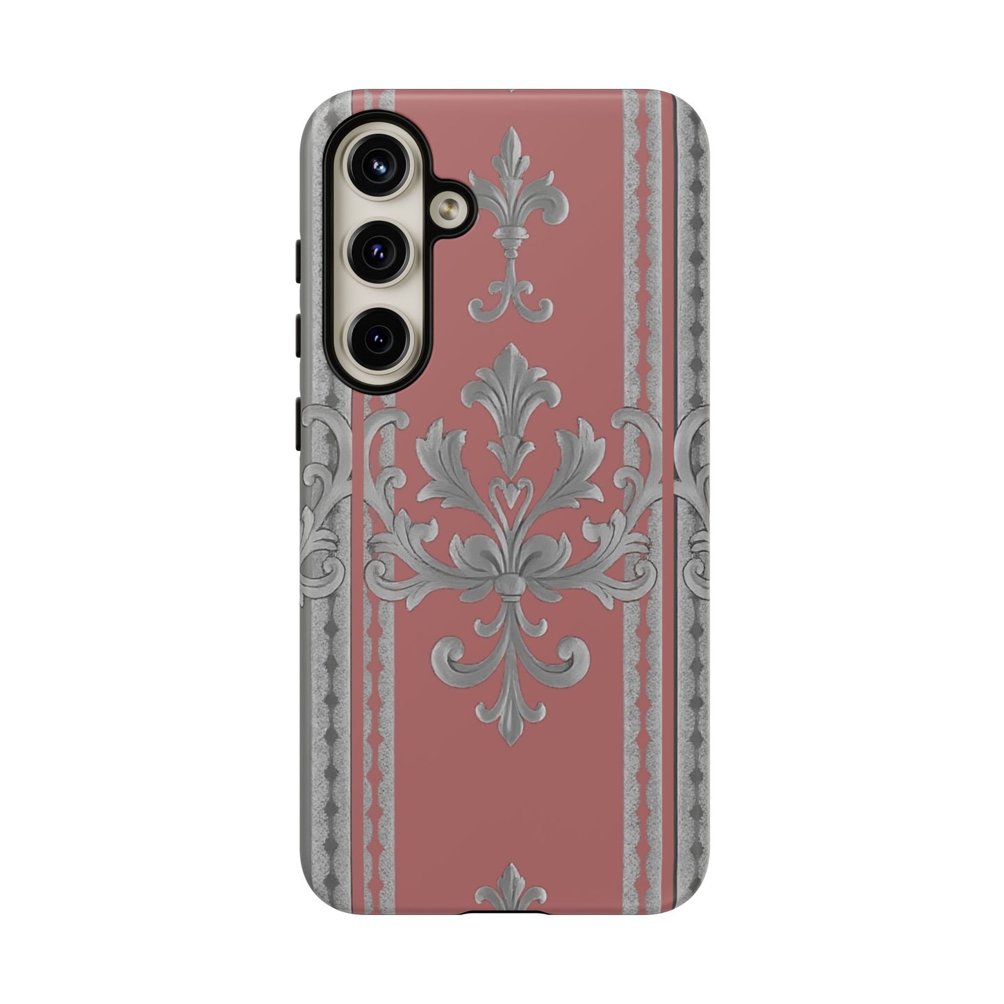 Elegant Floral Phone Case - Tough Cases for Stylish Protection - Gray & Mauve Striped Baroque