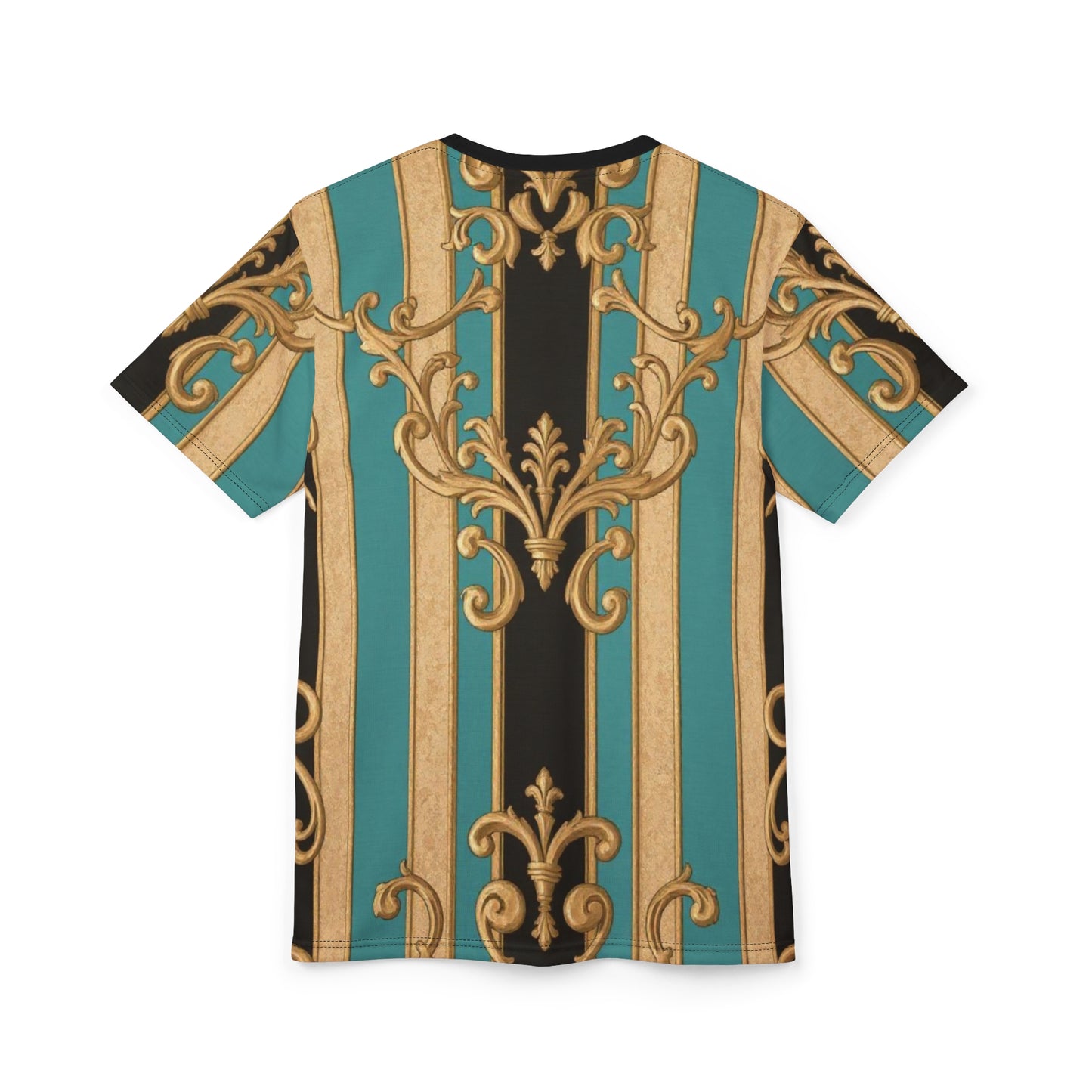 Stylish Unisex Black, Tan & Ocean Green Striped Gold Baroque Cut & Sew Tee - Vibrant Vintage Print, Summer Casual Wear, Perfect Gift for Friends