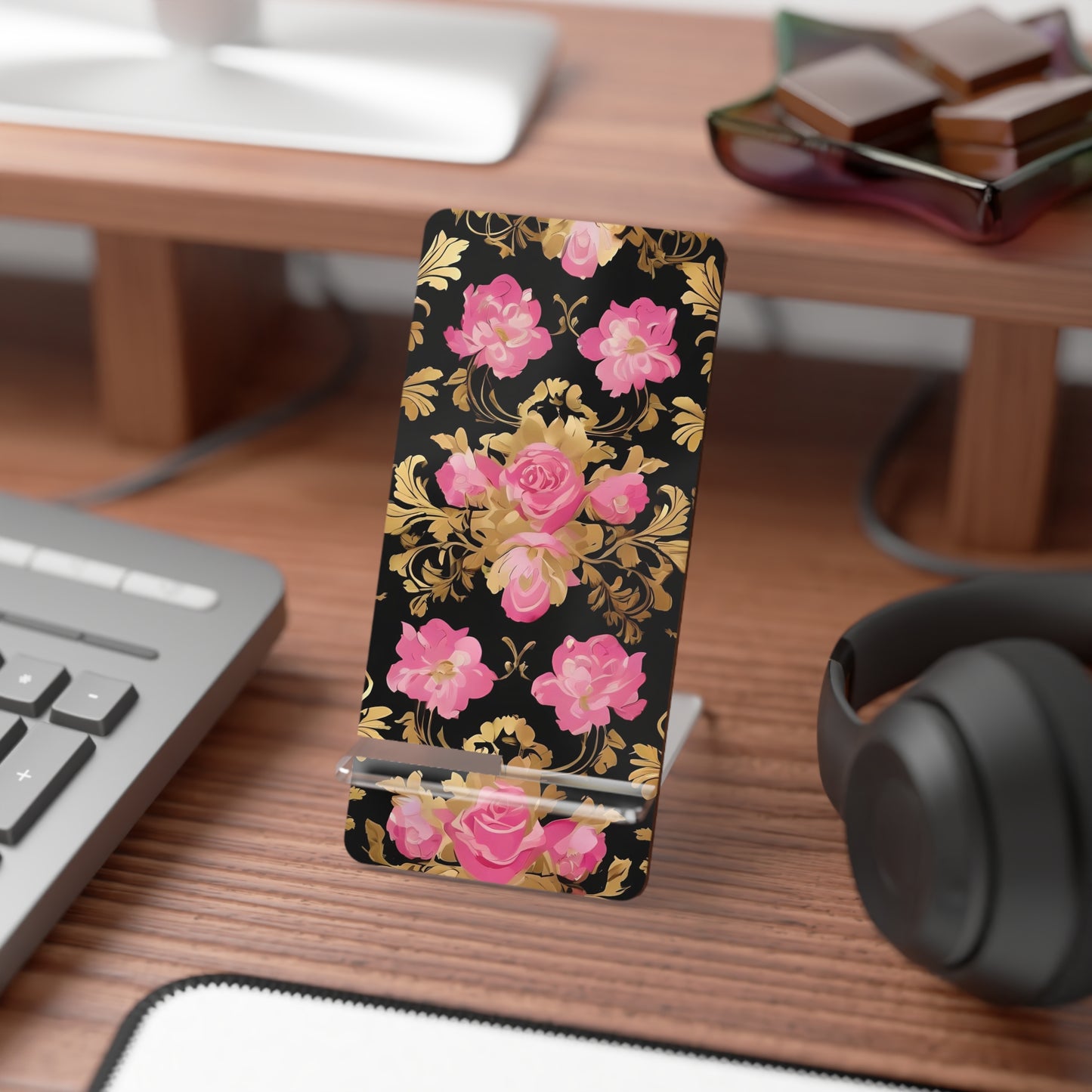 Elegant Floral Motif Smartphone Display Stand - Pink & Gold Roses - Decorative Mobile Holder