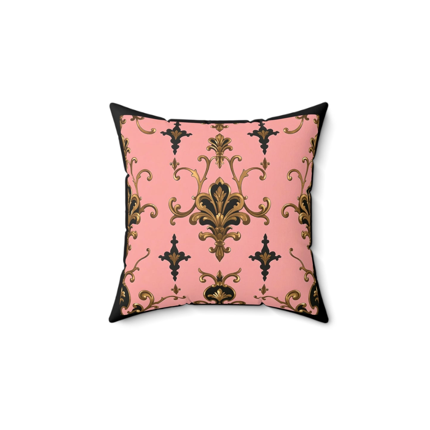 Elegant Faux Suede Pillow with Gold Baroque Design, Decorative Cushion for Home Decor, Throw Pillow - Pink, Black & Gold Rococo