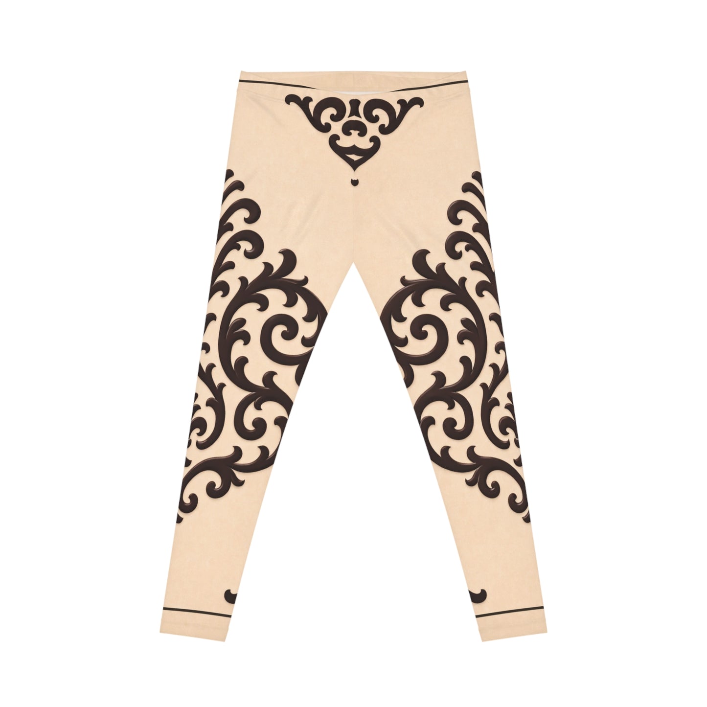 Almond-Beige & Brown Baroque Print Leggings — Vintage Scroll Pattern Women's Leggings