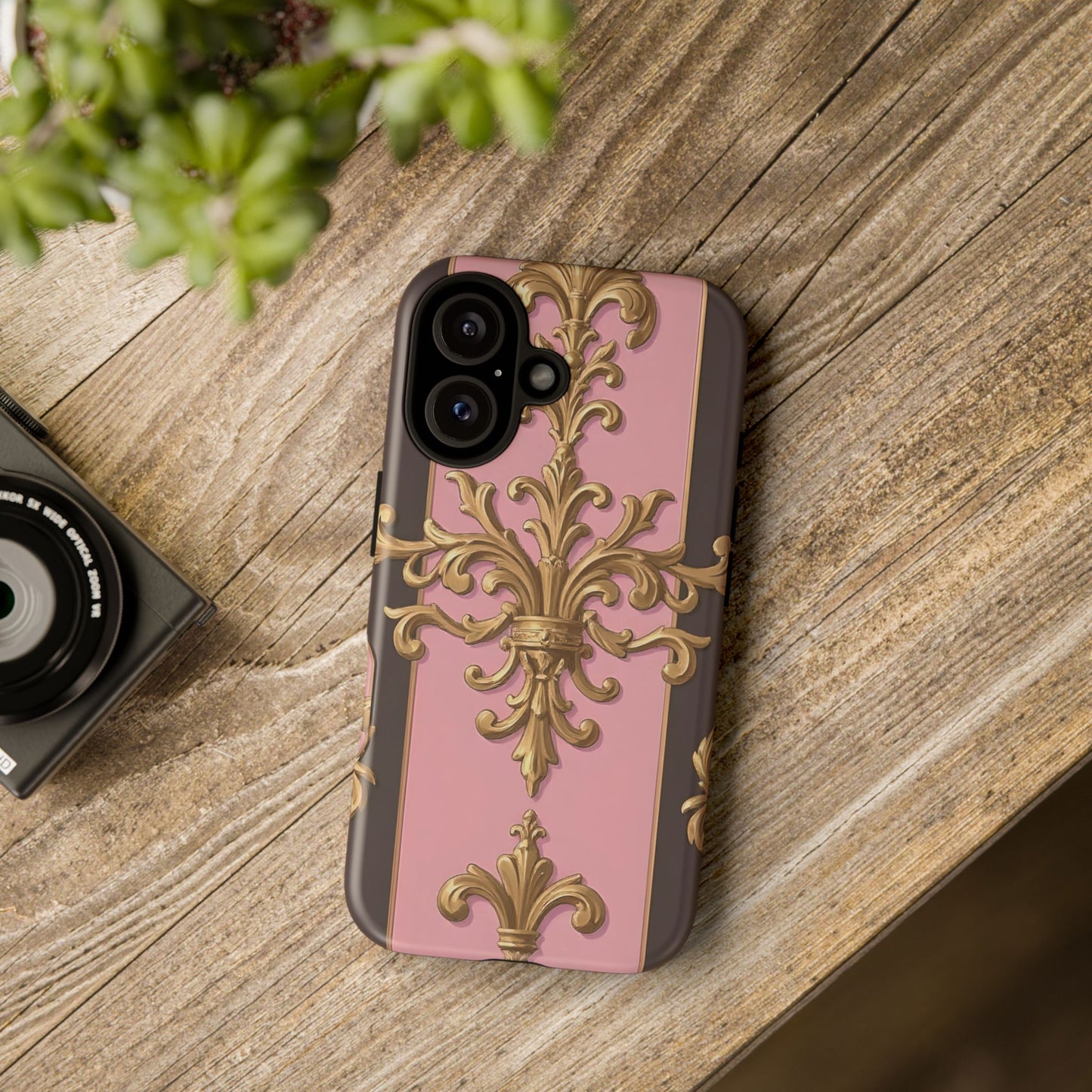 Elegant Floral Motif Phone Case - Tough Cases with Vintage Design - Pink & Brown Striped Gold Damask