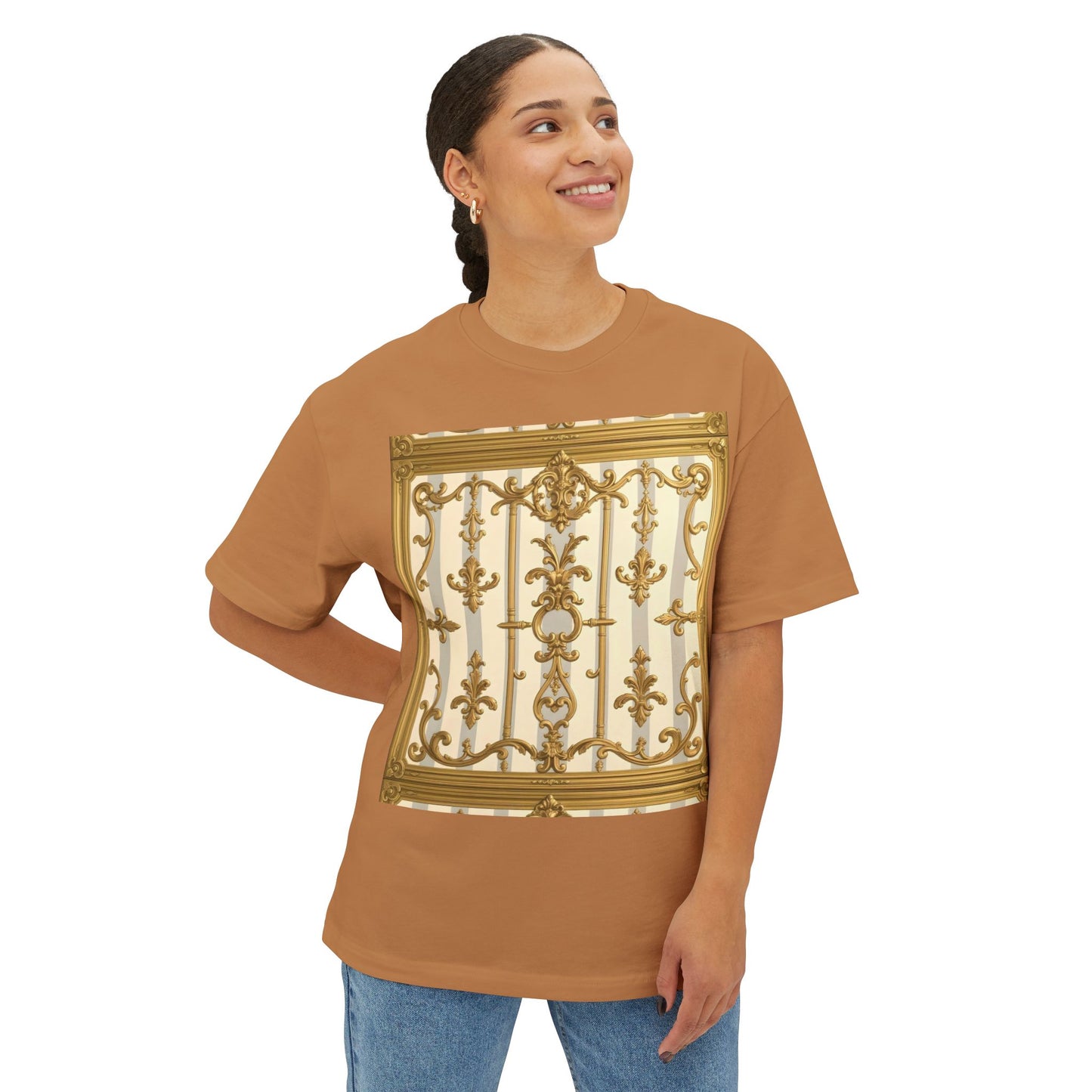 Golden Art Unisex Oversized Tee, Graphic Tee, Trendy Streetwear, Casual Shirt - Matte Gray & Cream Striped Gold Baroque