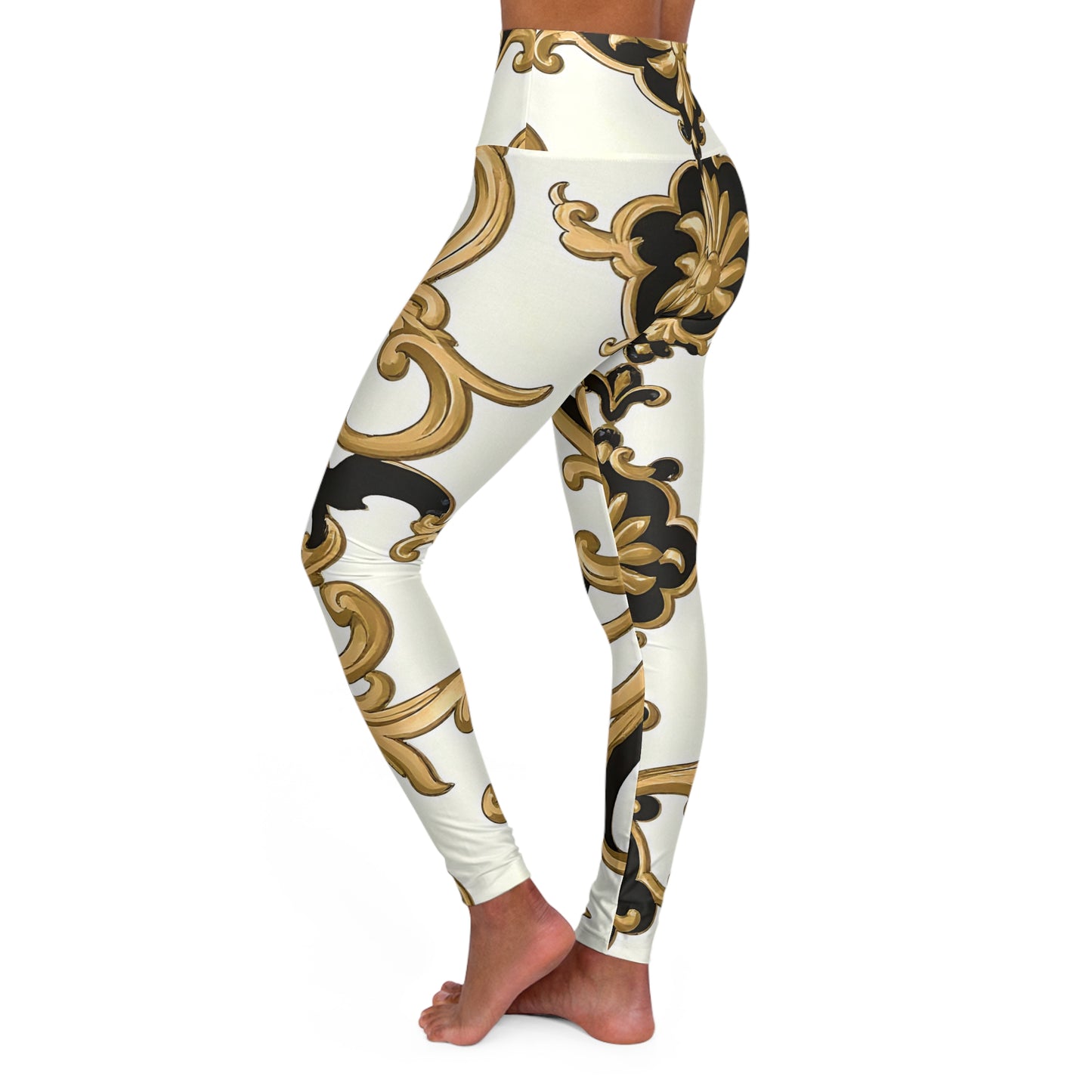 Elegant High Waisted Yoga Leggings, Stylish Workout Leggings, Fashionable Activewear, Comfortable Fitness Leggings - Black & Gold Rococo