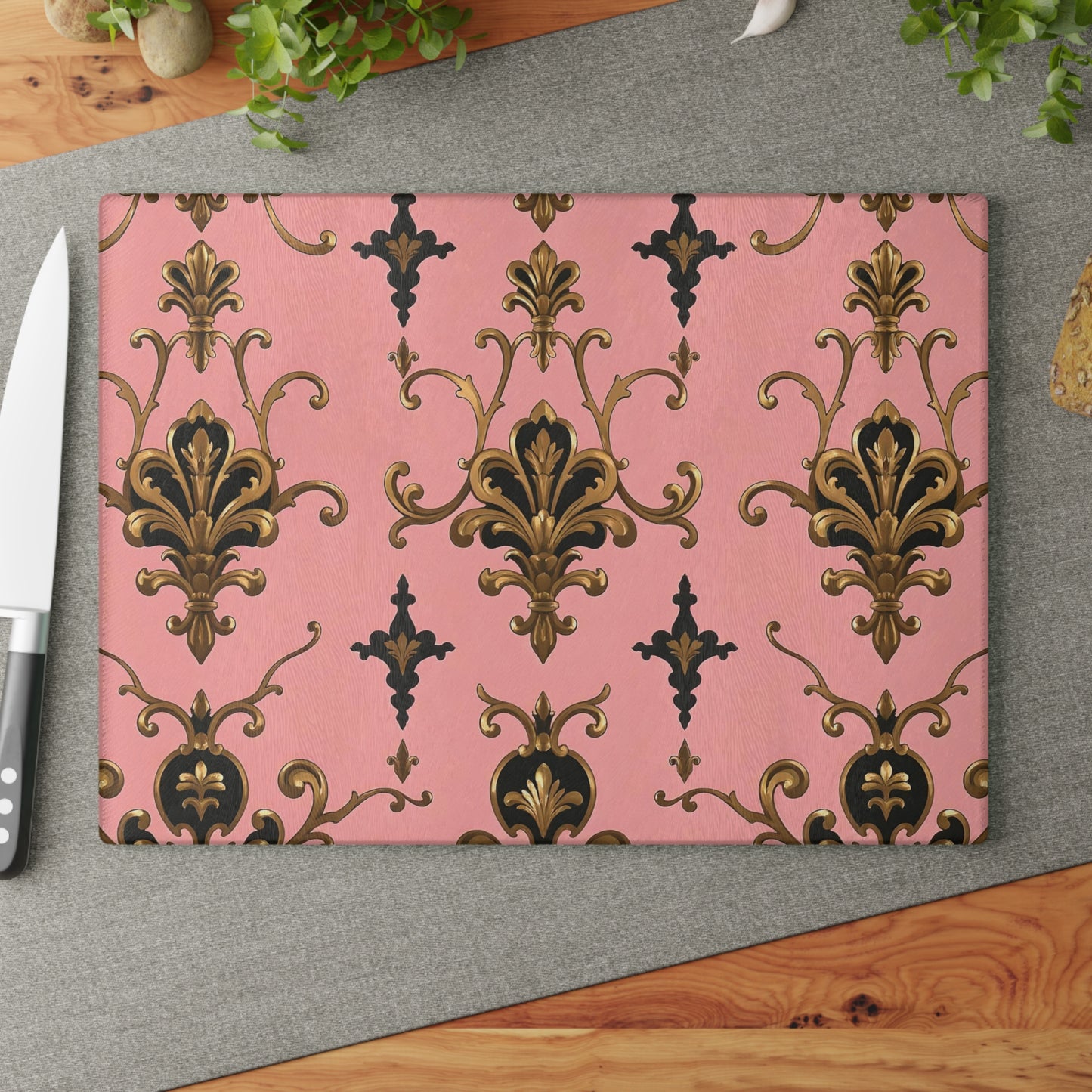 Elegant Pink Floral Glass Cutting Board with Gold Accents, Kitchen Decor, Gift for Home Cooking, Wedding Gift - Pink, Black & Gold Rococo