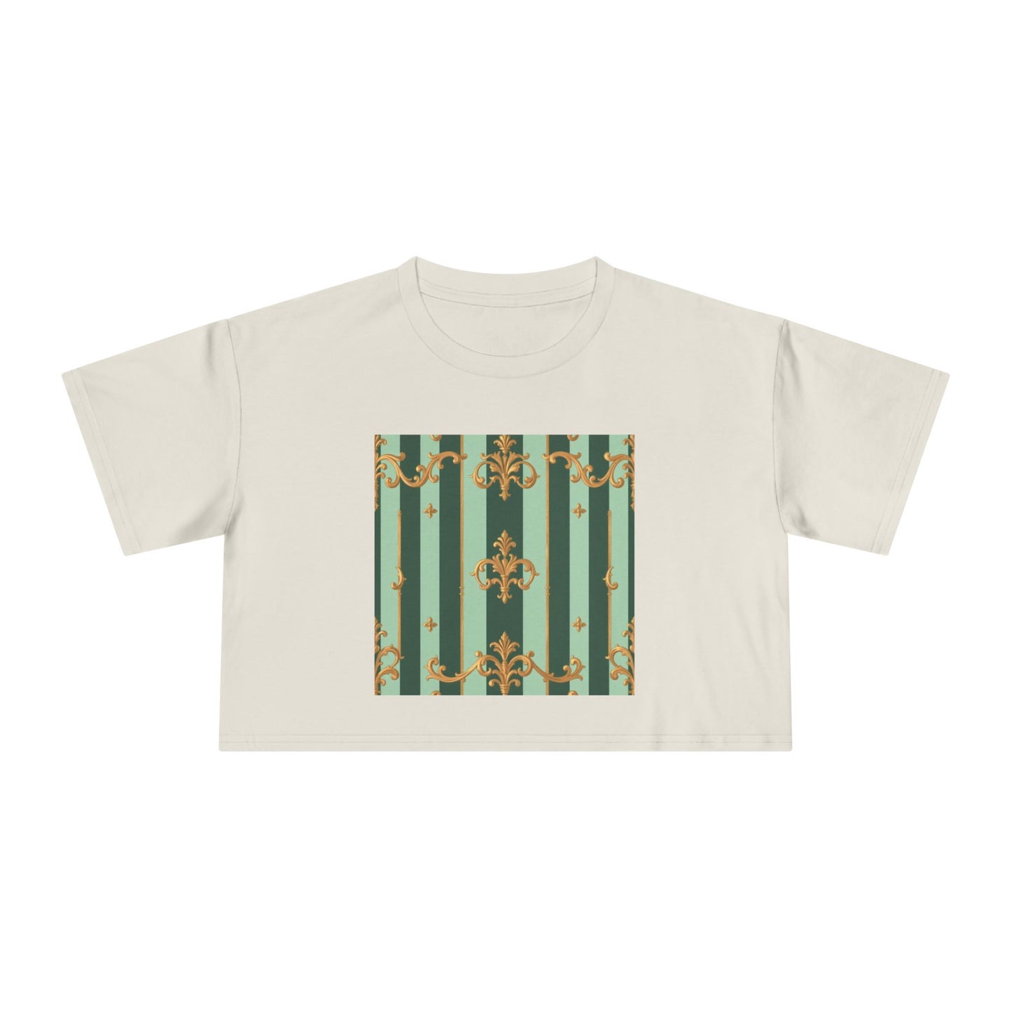Chic Women's Crop Tee with Elegant Patterns, Fashion Top, Summer Style, Trendy Outfit, Gift for Her - Mint Green & Teal Striped Gold Baroque