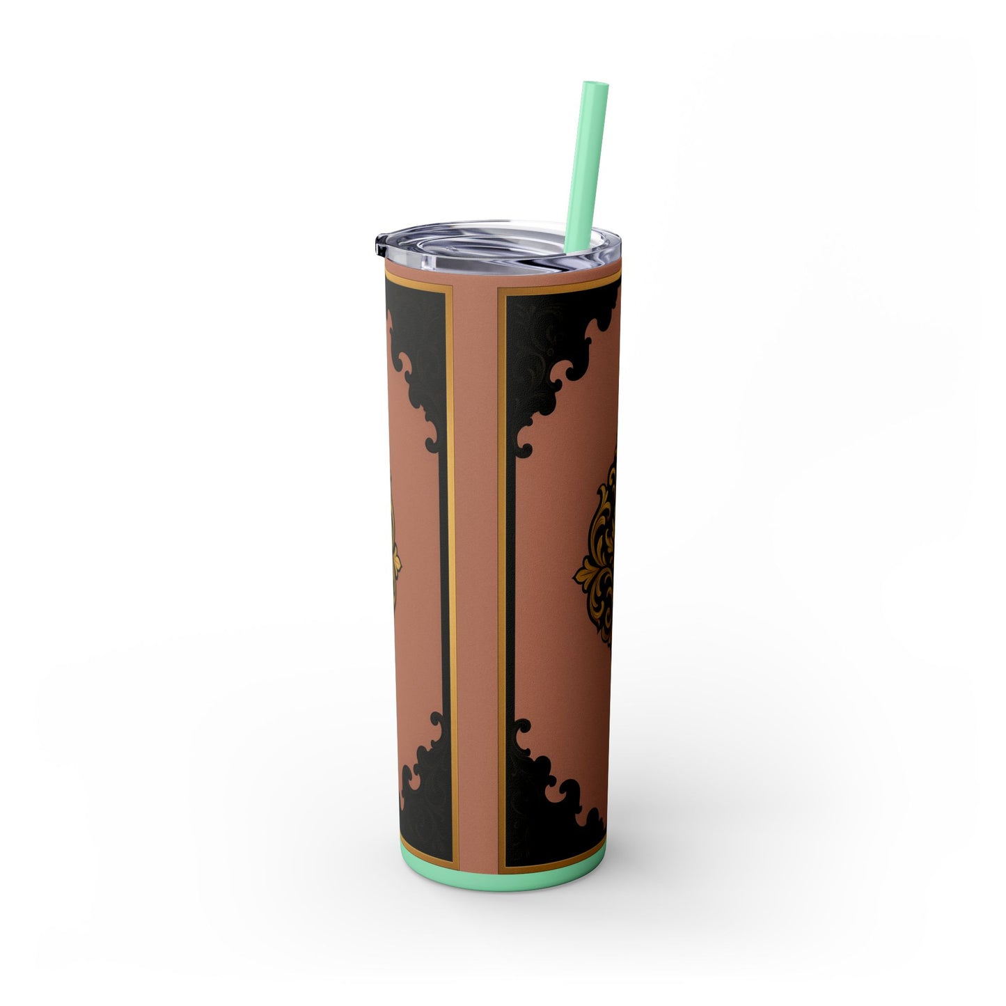 20oz Skinny Tumbler with Straw — Vintage Mauve & Black-Gold Baroque Design