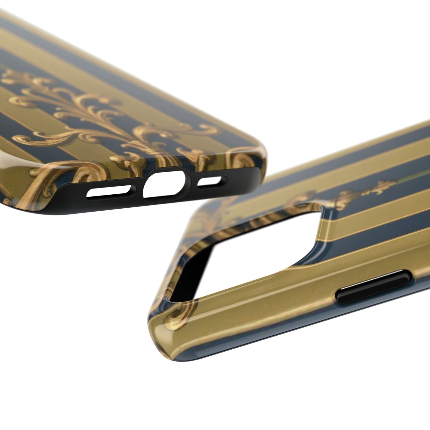 Elegant Midnight Blue & Olive Striped Gold Baroque Tough Phone Case, Phone Cover, Durable Case for Protection, Stylish Gift for Him/Her