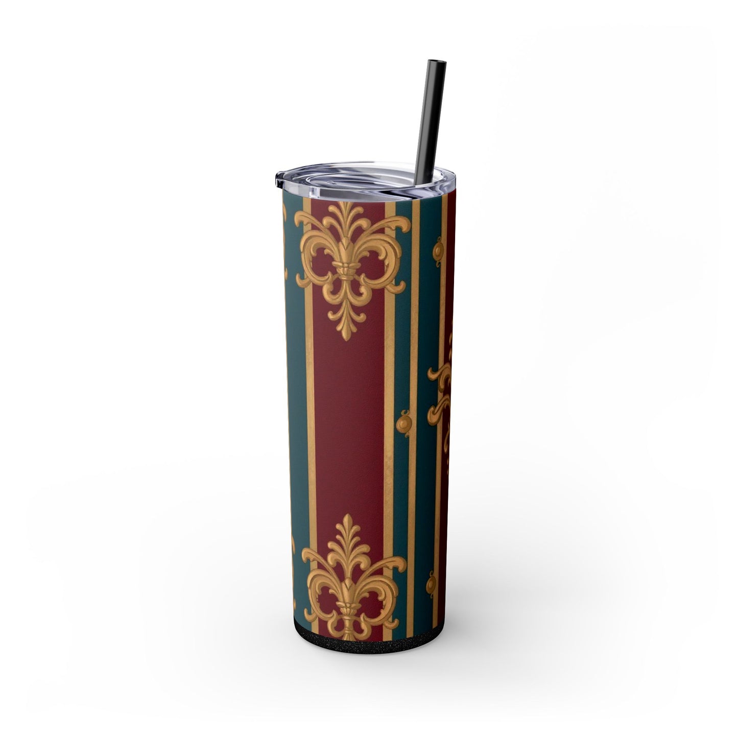 Elegant Vintage Skinny Tumbler with Straw, 20oz | Gold & Burgundy Design | Travel Mug, Gift for Her - Burgundy Striped Gold Baroque