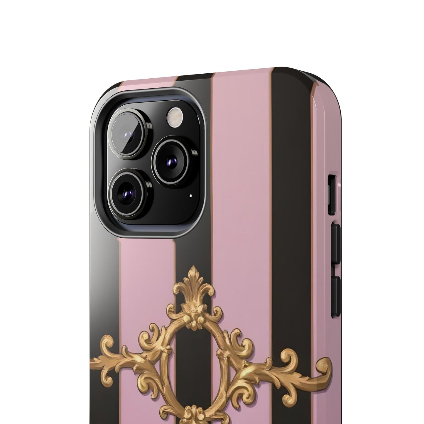 Stylish Tough Phone Case for Elegant Protection, Fashionable Accessories, Smartphone Cover - Matte Lavender & Black Striped Gold Baroque