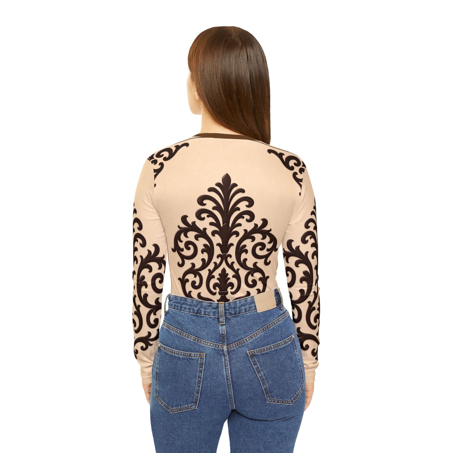 Almond-Beige & Brown Baroque V-Neck Long Sleeve Shirt — Elegant Baroque Pattern