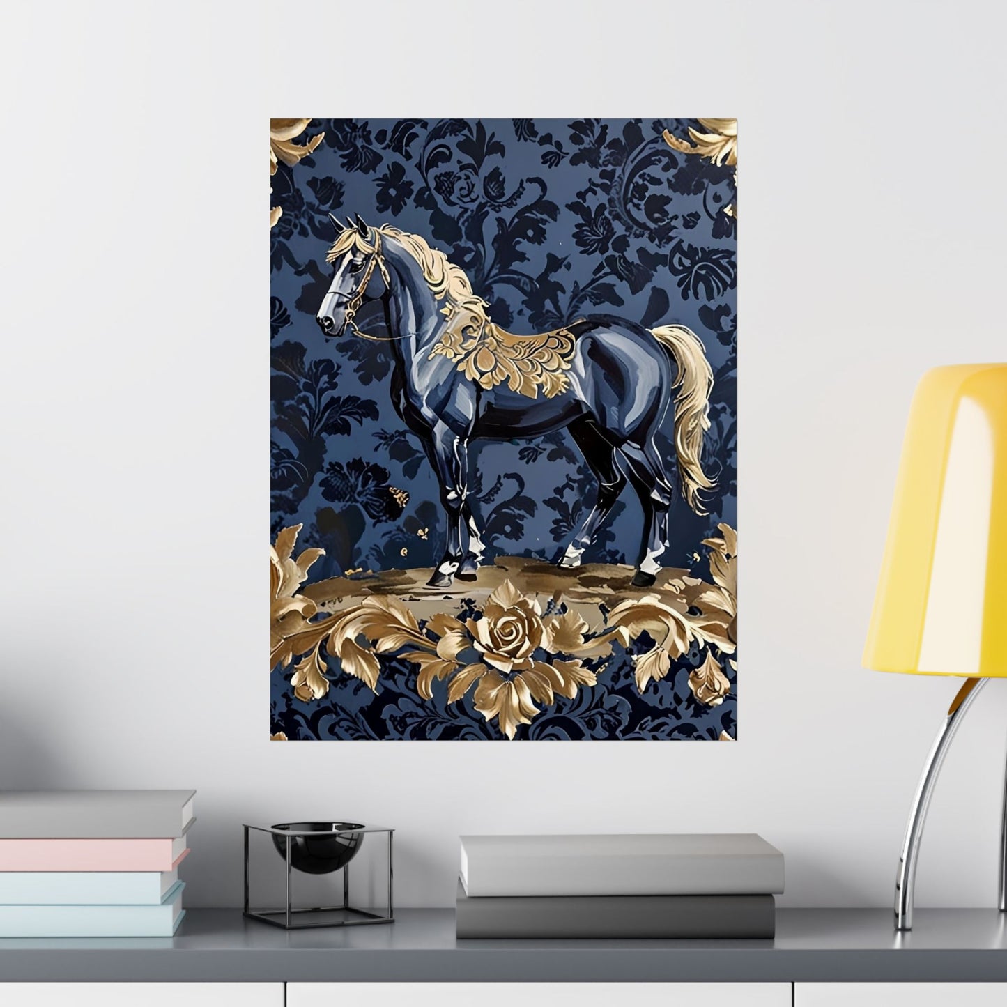 Floral Motif Art Poster - Elegant Matte Vertical Wall Decor - Midnight Blue & Gold Damask Horse