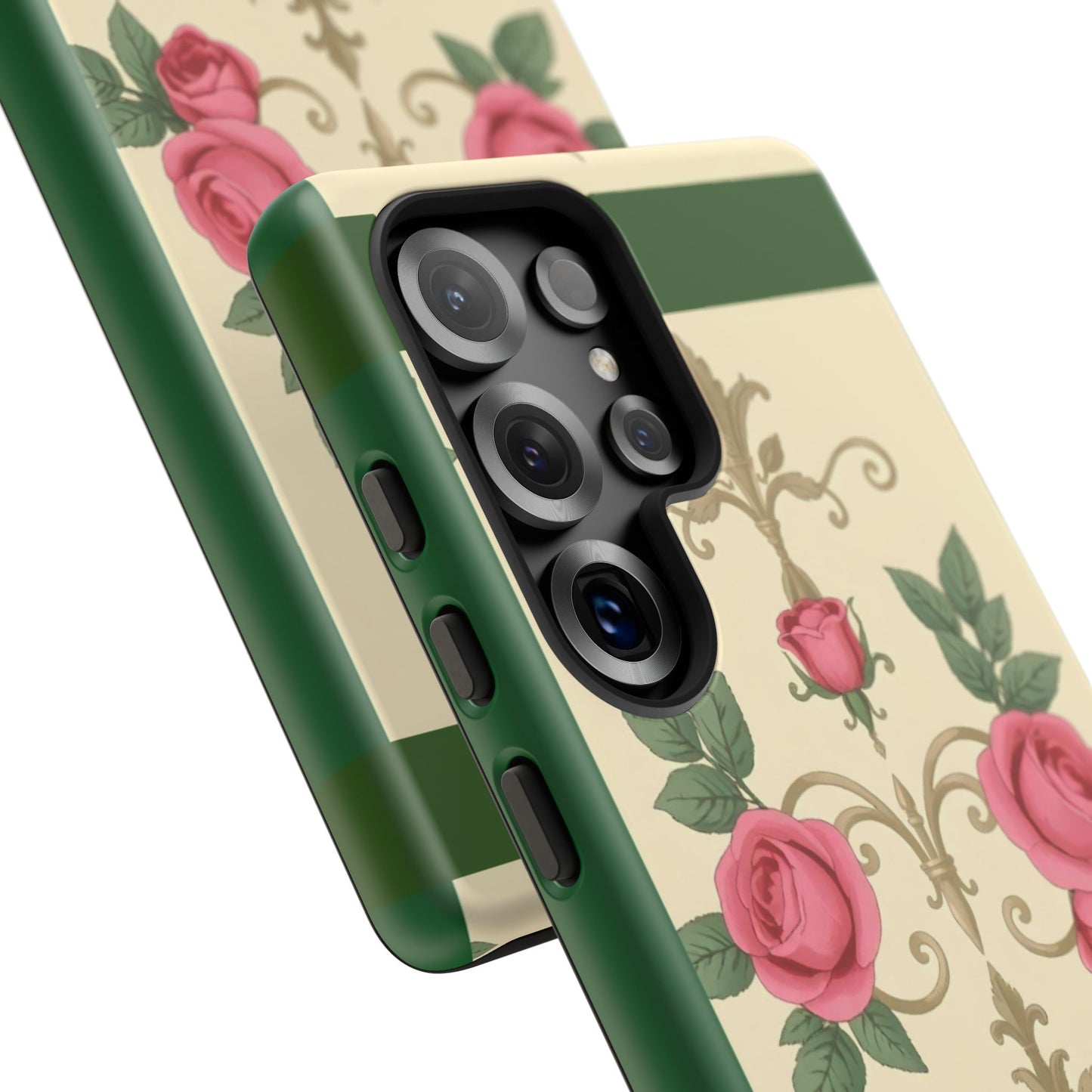 Elegant Floral Motif Phone Case - Tough Cases with Vintage Design - Green Border Roses & Damask