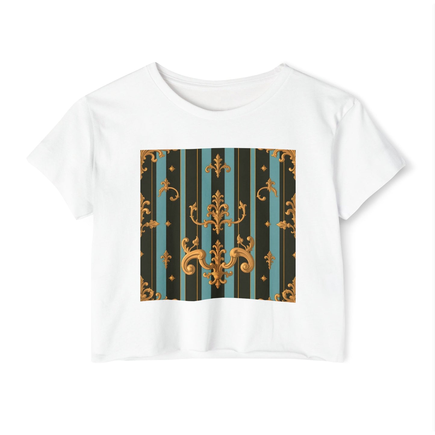 Boho Festival Crop Top, Trendy Summer Top, Stylish Women’s Crop Tee, Perfect for Music Festivals, Casual Wear - Black & Turquoise Striped Baroque
