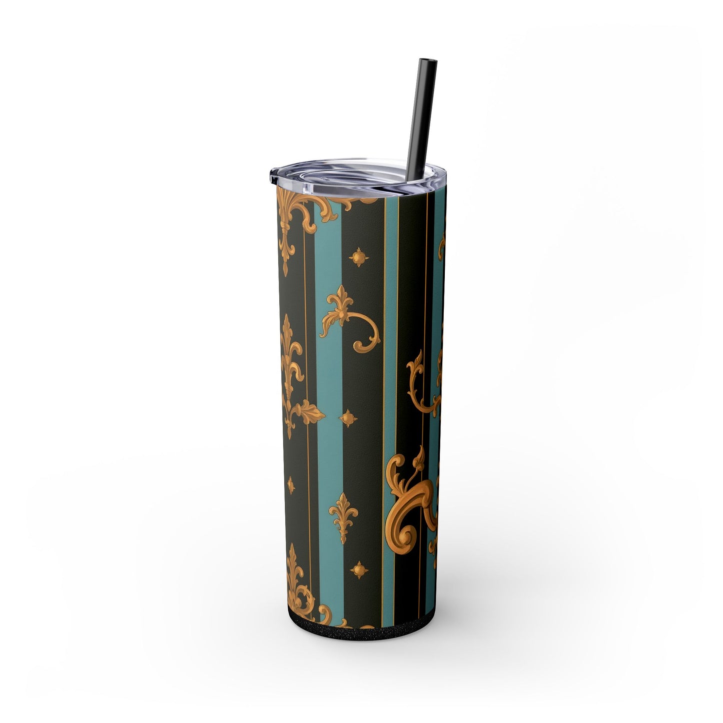 Elegant Vintage Skinny Tumbler with Straw, 20oz | Gold Floral Pattern, Reusable Drinkware, Perfect for Home - Black & Turquoise Striped Baroque