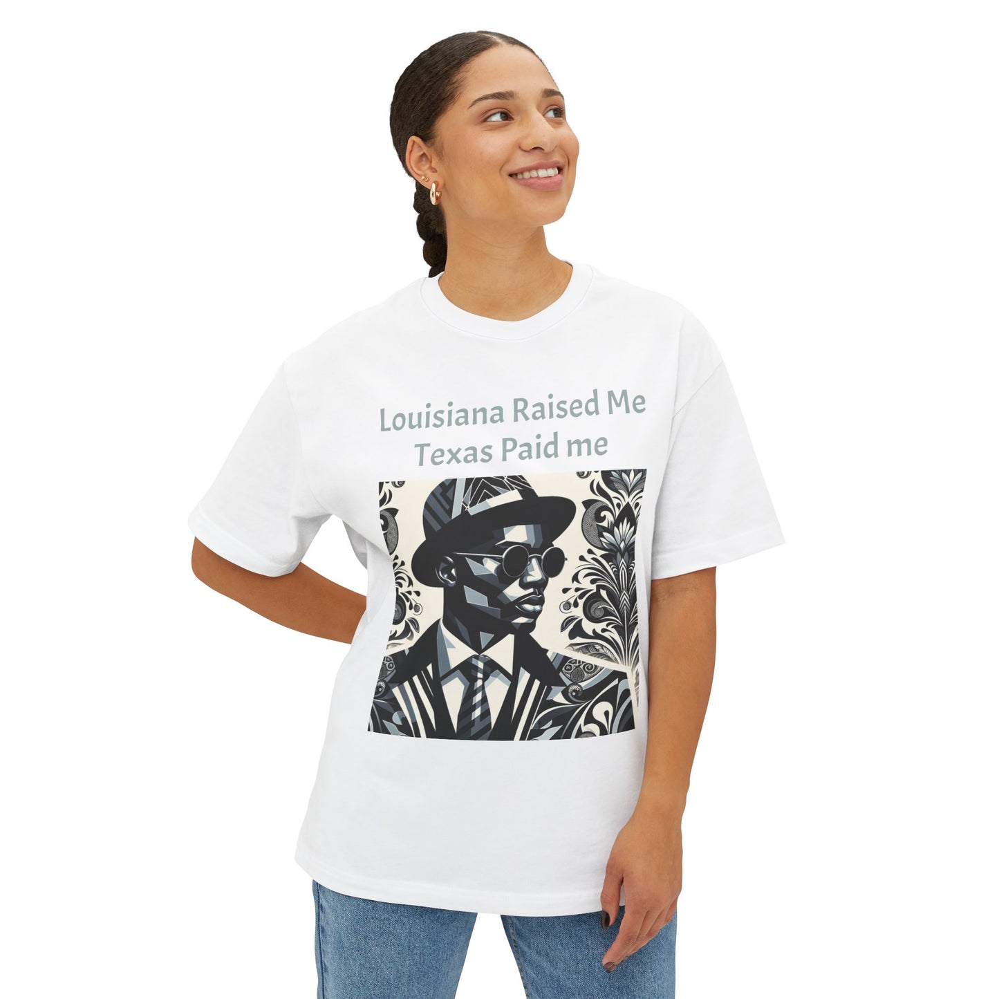 Louisiana Raised Me Texas Paid Me Oversized Tee, Unisex Boxy T-Shirt, Graphic Tee, Black Culture Shirt, Statement Shirt - Mint Gray Letters