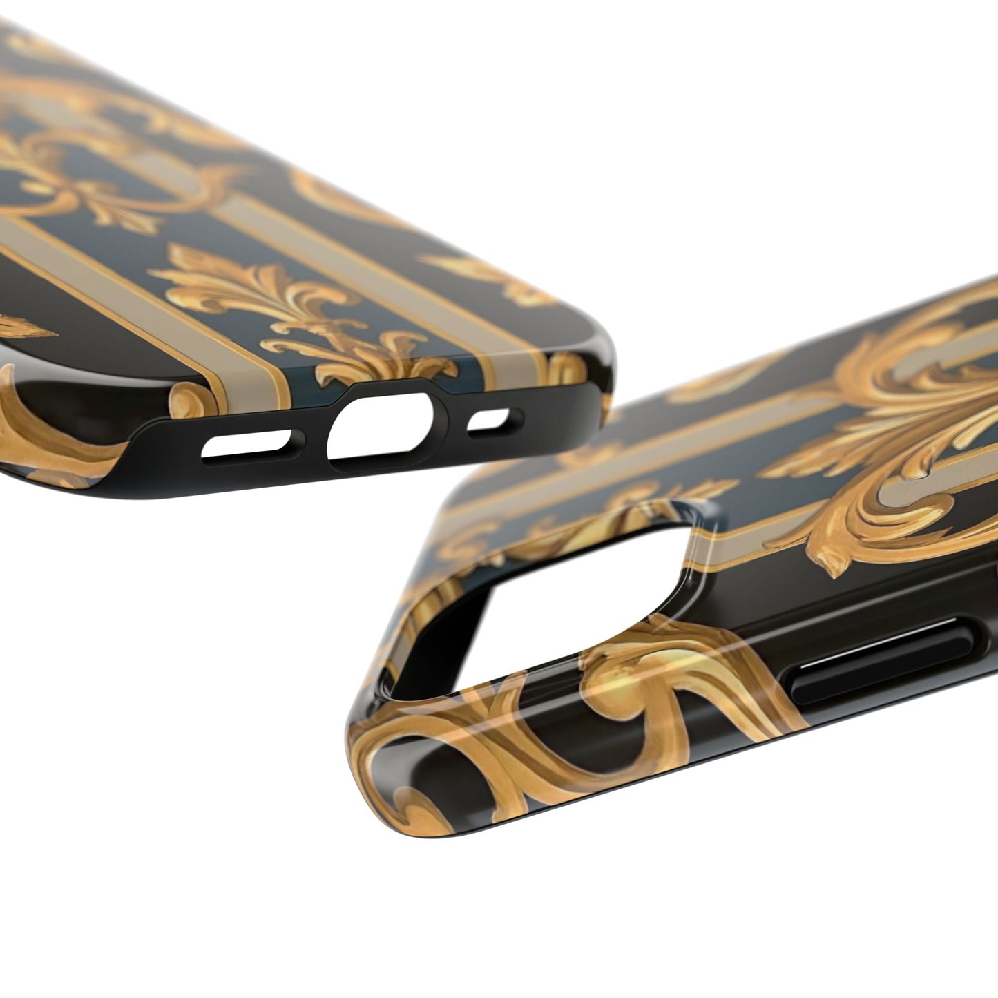 Elegant Rococo Phone Cases, Tough iPhone Case, Floral Design Case, Luxury Phone Cover - Blue & Black Striped Rococo